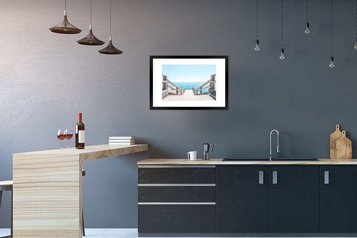 MuchoWow Poster Meer - Treppe - Portugal, (1 St), mit Rahmen, Kunstdruck, Gerahmtes Poster, Schwarzem Bilderrahmen