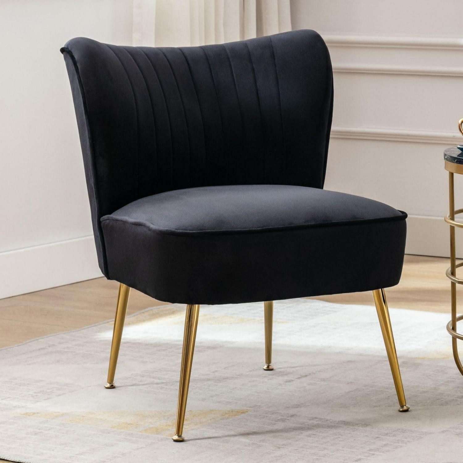 LuxusKollektion Cocktailsessel Polsterstuhl Samt Metallbeine Lesesessel Balkon 1er Schwarz-1er
