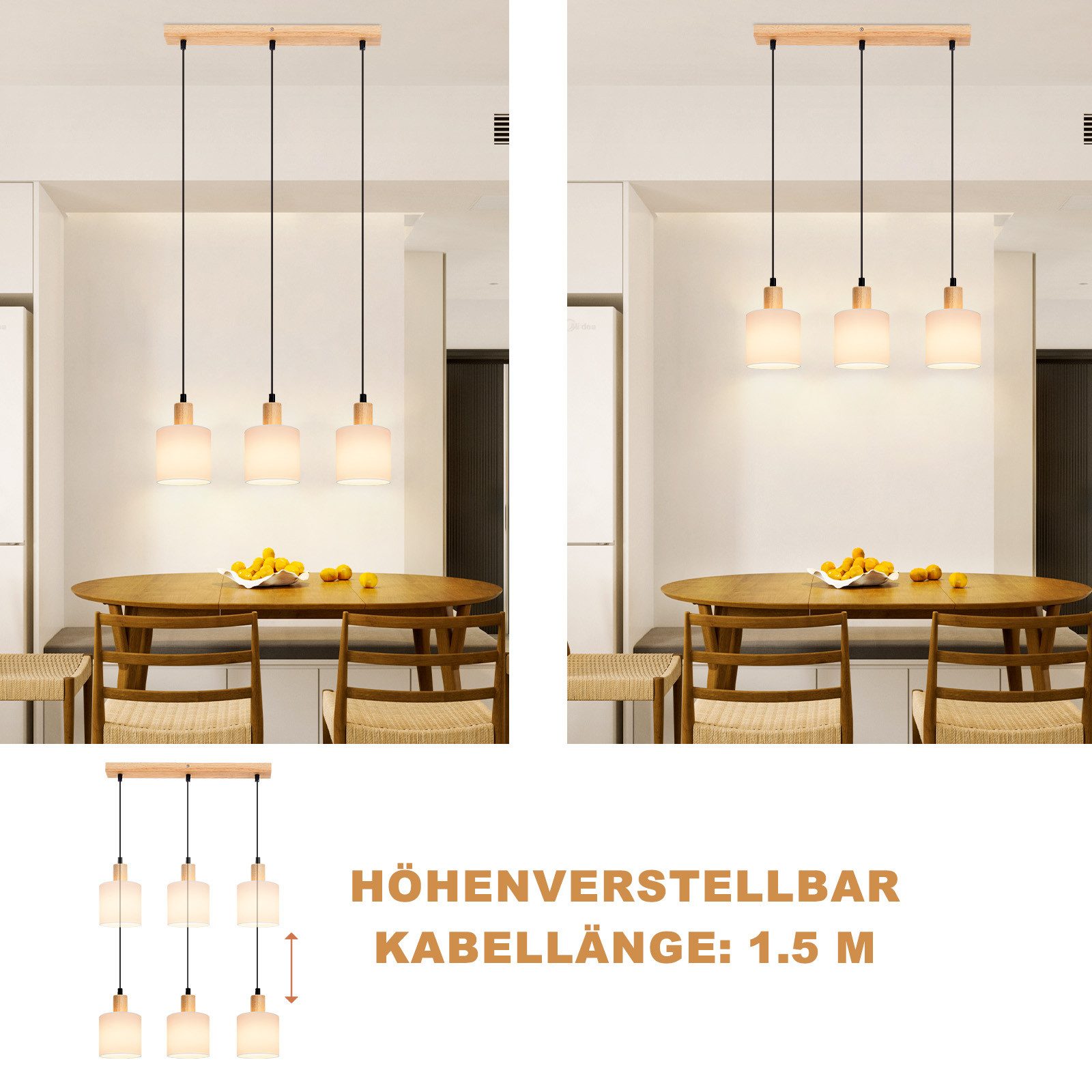 ZMH Pendelleuchte Esszimmer 3 Flammig Weiß E14 Hängeleuchte Vintage Holz Treppenhaus, Einfache Installation, ohne Leuchtmittel, Weiß Rustikal Stoffschirm für Küche Wohnzimmer