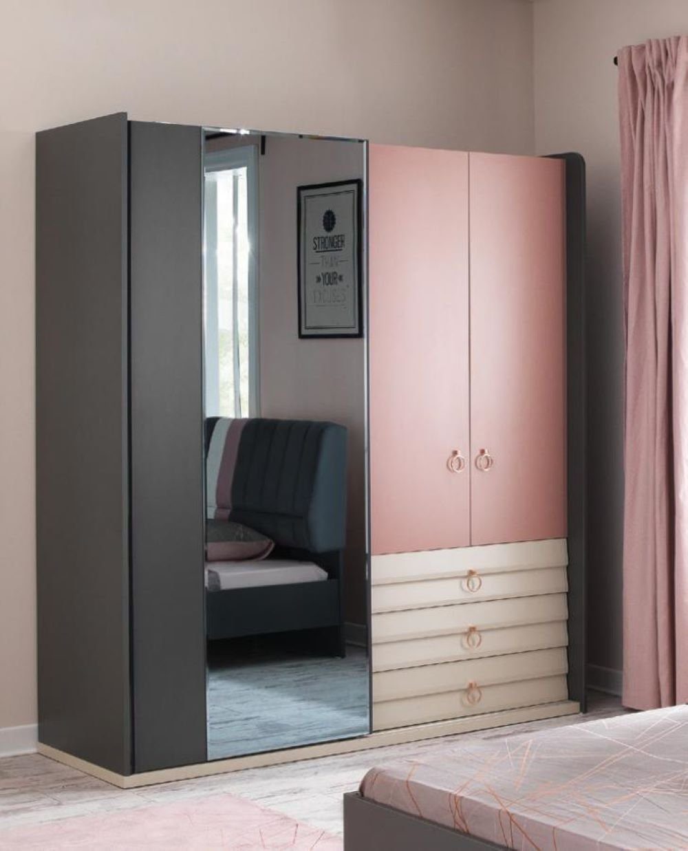 JVmoebel Schlafzimmer-Set Schlafzimmer 6tlg Bett, Spiegel, Europa Schreibtisch), Kleiderschrank Nachttisch Bett (6-St., Nachttisch, Kommode, Kommode Made Kleiderschrank, Spiegel, in