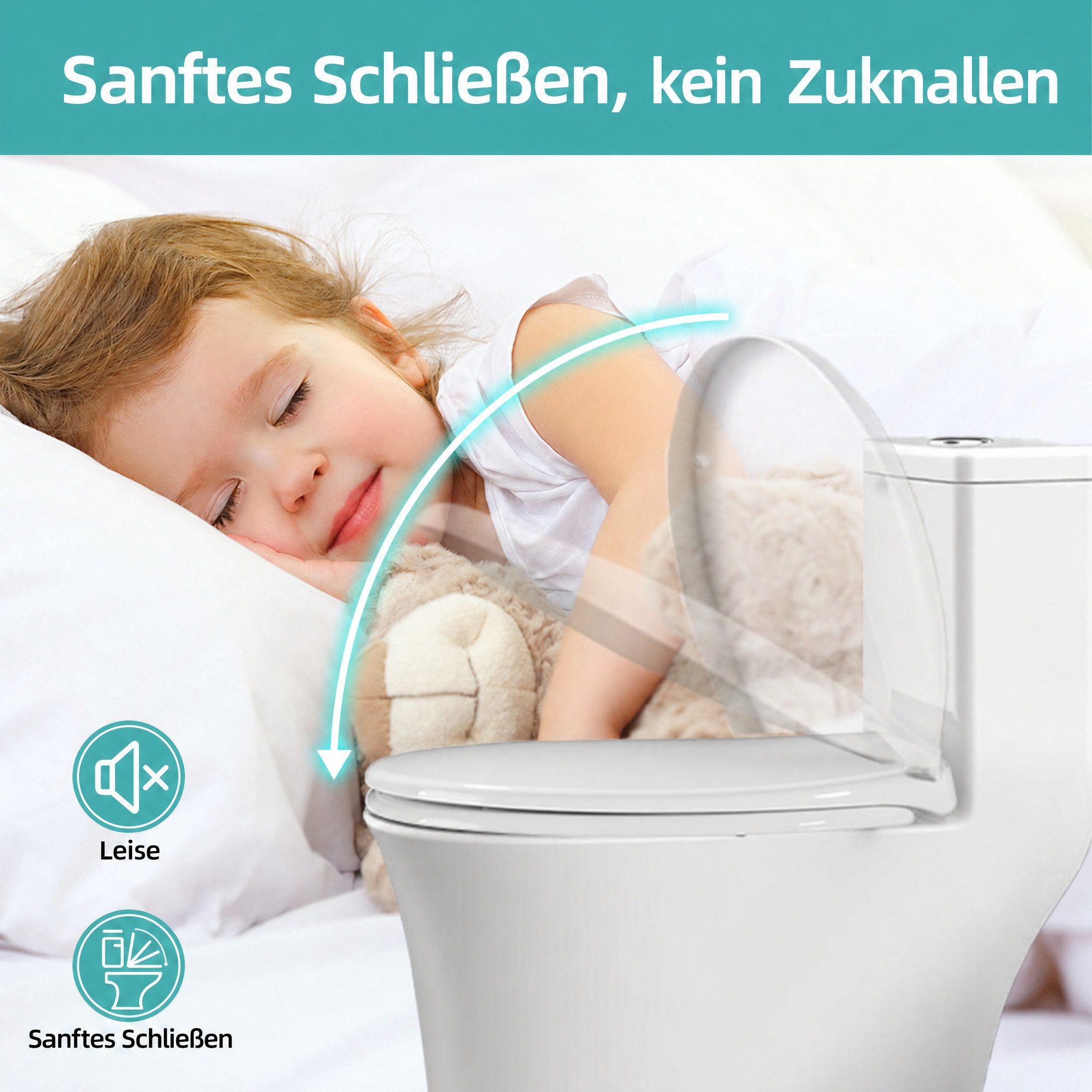 Blossom WC-Sitz Toilettendeckel mit Absenkautomatik, Quick Release, antibakteriell (WC Sitz mit Absenkautomatik, 360° verstellbare Scharniere), Toilettensitz für D-Form, O-Form & eckige WC-Becken, bis 150 kg