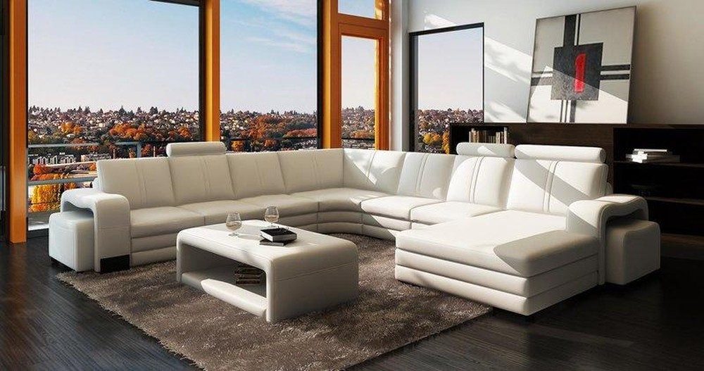 JVmoebel Wohnlandschaft Grau U-förmiges Sofa aus Kunstleder mit Hockern und Couchtisch, Set, Made in Europa