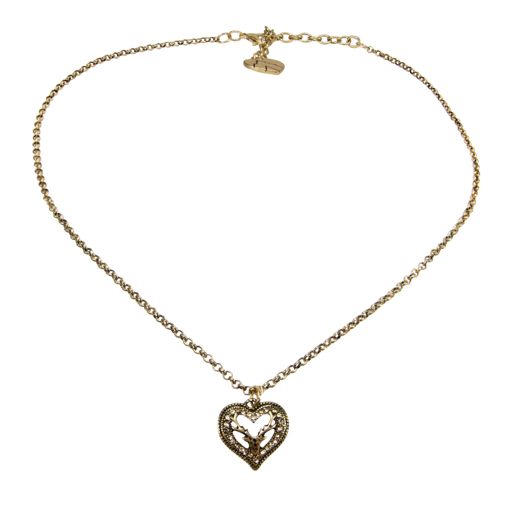 Alpenflüstern Collier Trachtenkette Metall-Halskette Strassherz-Hirsch (antik-gold-farben), - Damen-Trachtenschmuck, Dirndlkette