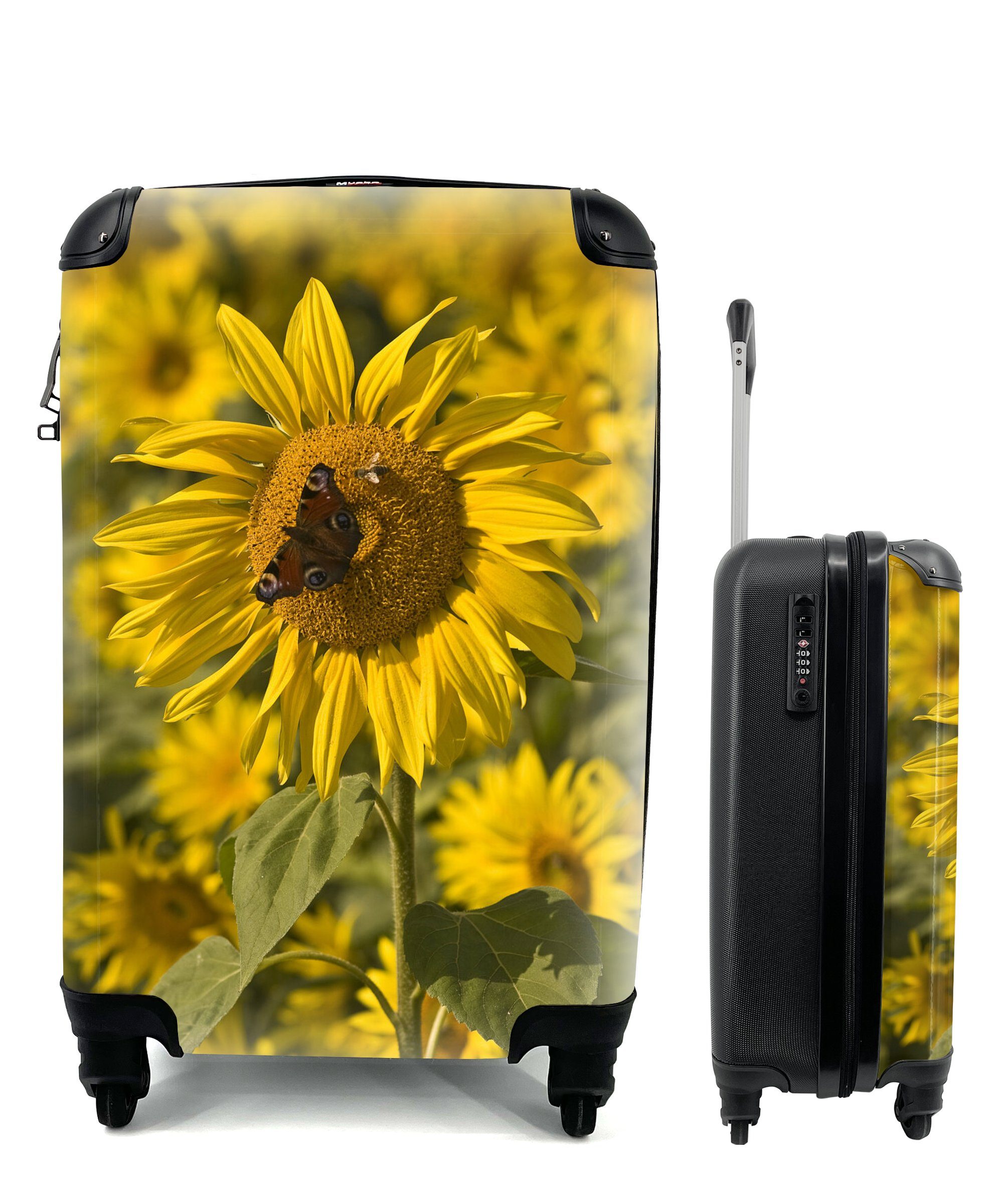 MuchoWow Handgepäckkoffer Tagpfauenauge Schmetterling auf einer Sonnenblume, 4 Rollen, Reisetasche mit rollen, Handgepäck für Ferien, Trolley, Reisekoffer