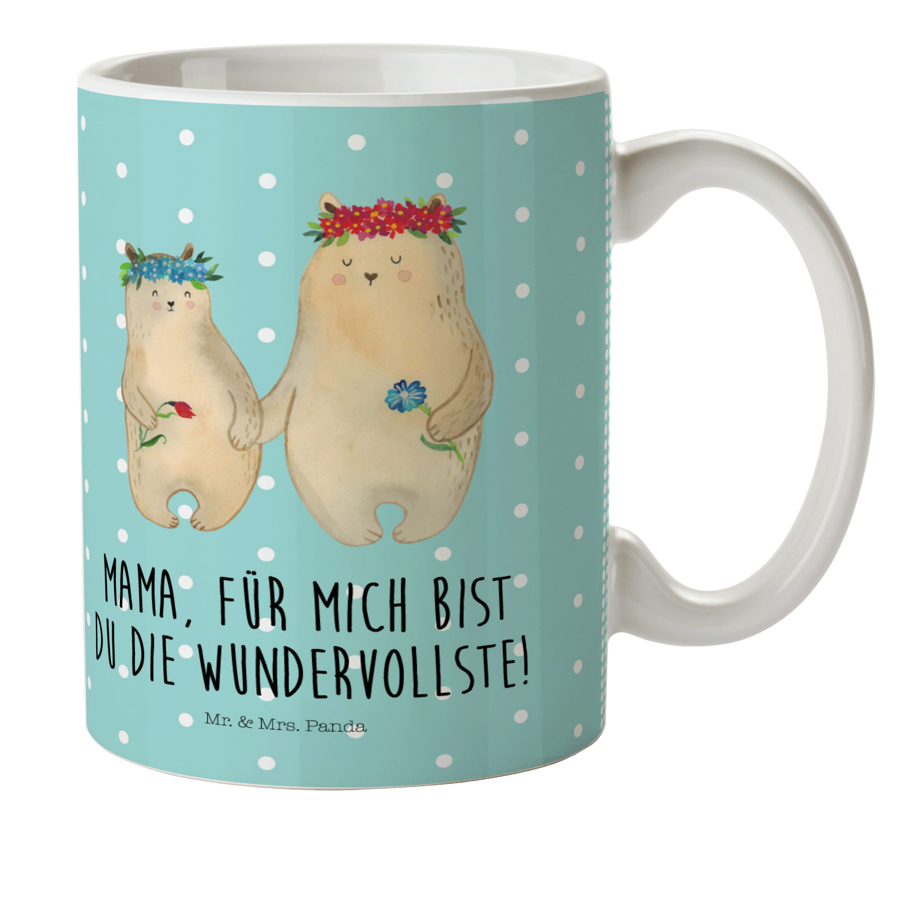 Mr. & Mrs. Panda Kinderbecher Bären mit Blumenkranz - Türkis Pastell - Geschenk, Kindergartenbecher, Kunststoff