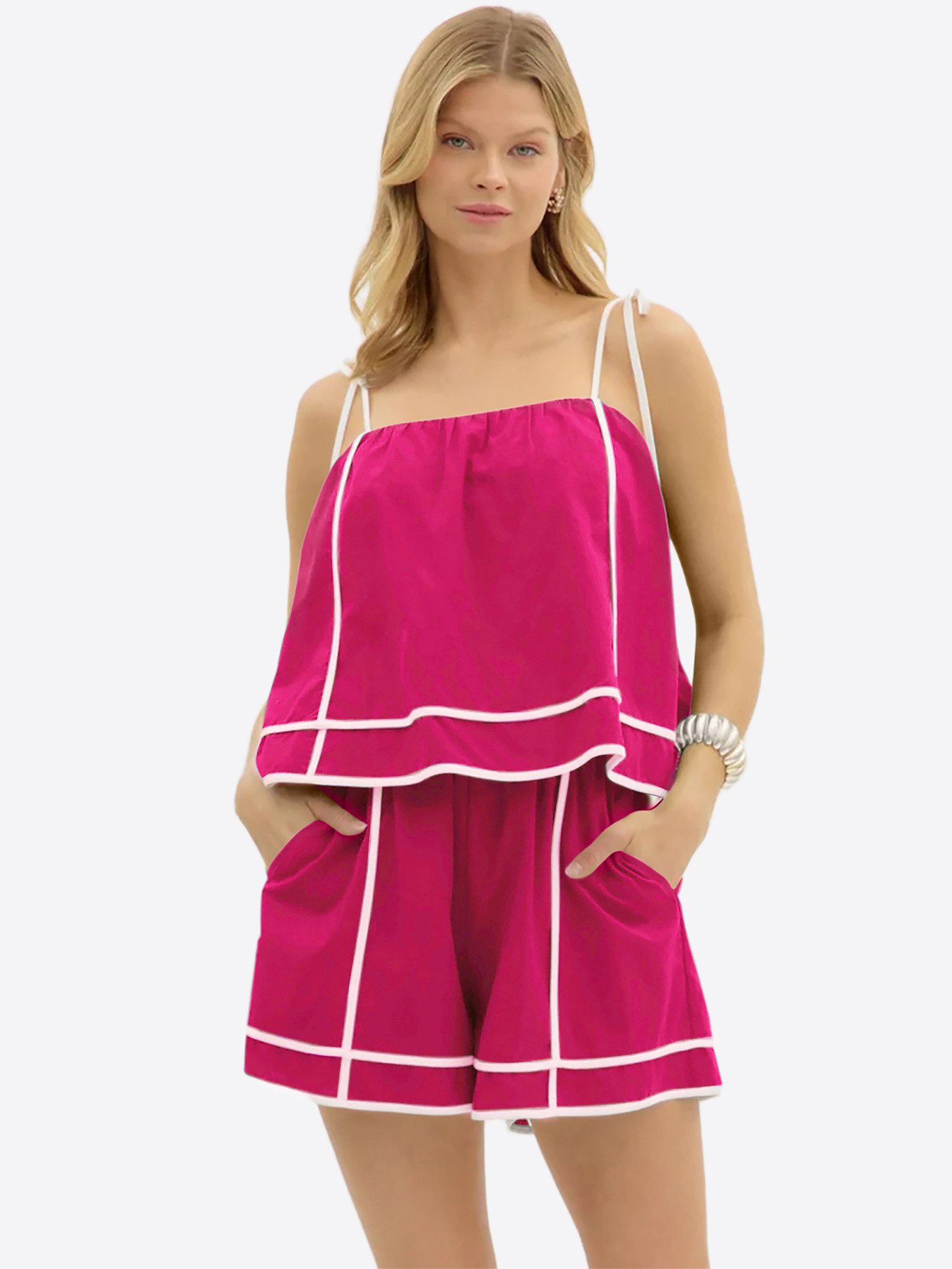 Imily Bela Hausanzug Damen Zweiteiliges Lounge Set Casual Sommer mit Kontrastnähten (Set, 2 tlg., 2er-Pack, Spaghettiträgertop+Shorts) mit Eingrifftaschen