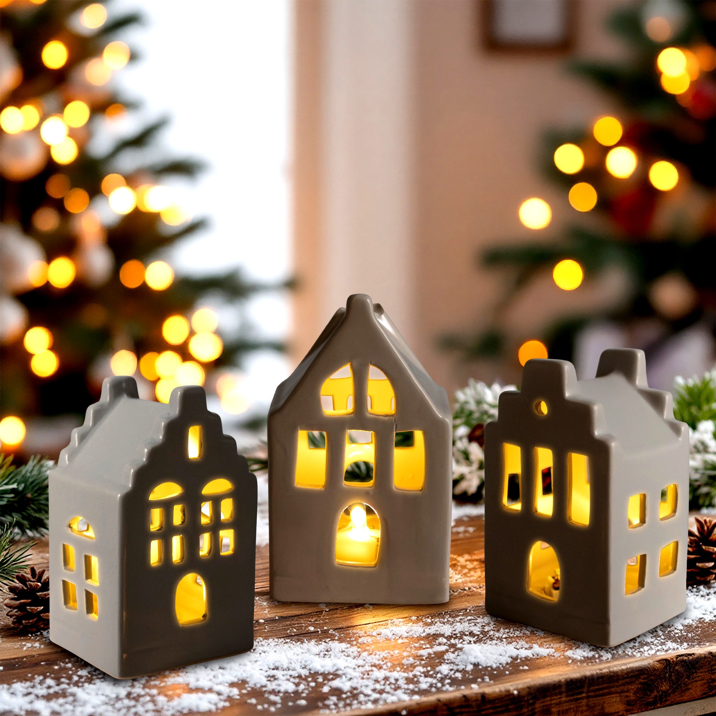Spetebo Dekofigur LED Porzellan Haus 11 cm inklusive Batterie 3er Set (Set, günstig online kaufen