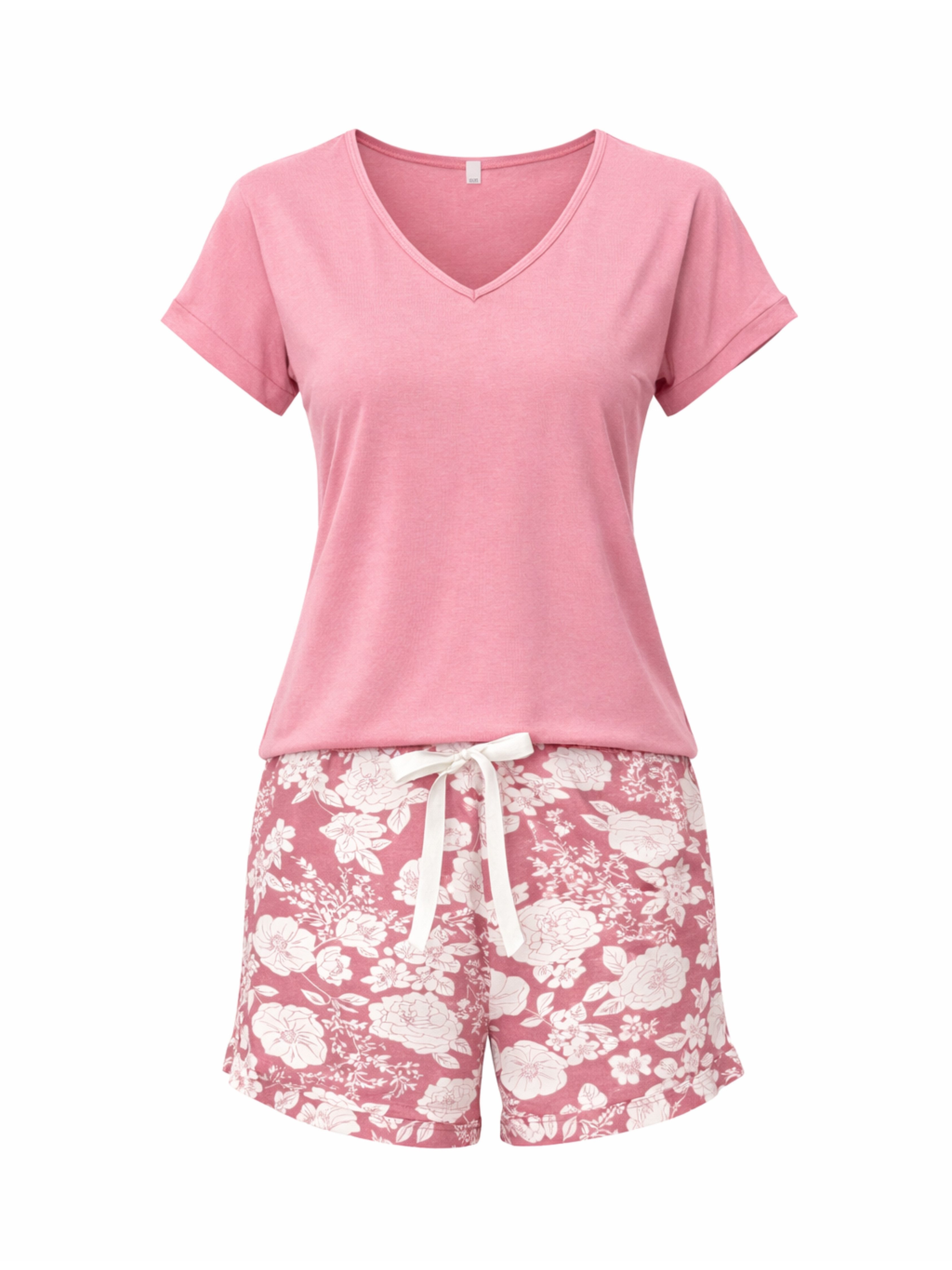 Donna Shorty Pyjama kurz Tina (Set, 2 tlg., Kurzarm Shirt & kurze Hose) T-Shirt in Altrosa & geblümter Shorts
