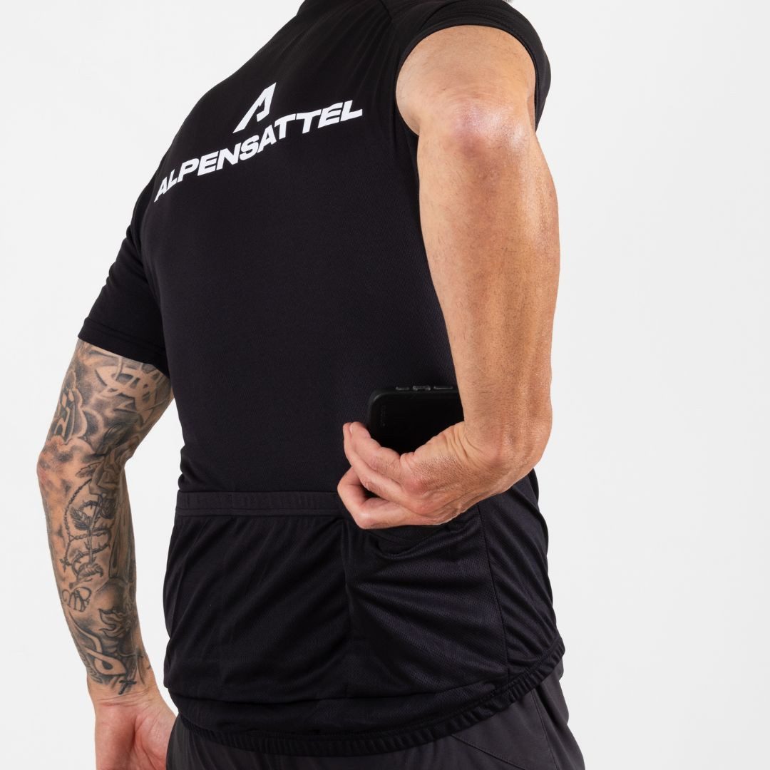 Alpensattel Radtrikot Halfzip Sportlicher Schnitt – volle Bewegungsfreiheit (Einteiler, Hochfunktionales Radtrikot für Damen & Herren) Rückentasche mit Reißverschluss