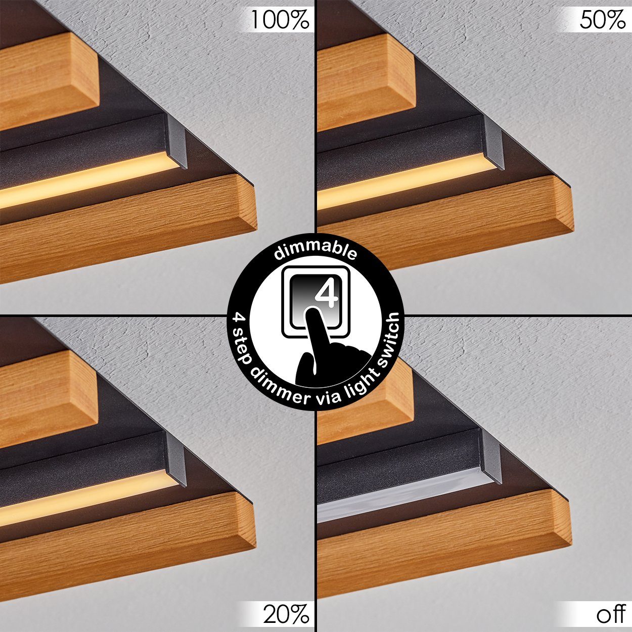 hofstein Deckenleuchte dimmbare Deckenlampe aus Metall/Holz/Kunststoff in Schwarz/Natur/Weiß, LED wechselbar, 3000 Kelvin, 22 Watt, 2450 Lumen, Länge 46 cm, dimmbar über Lichtschalter