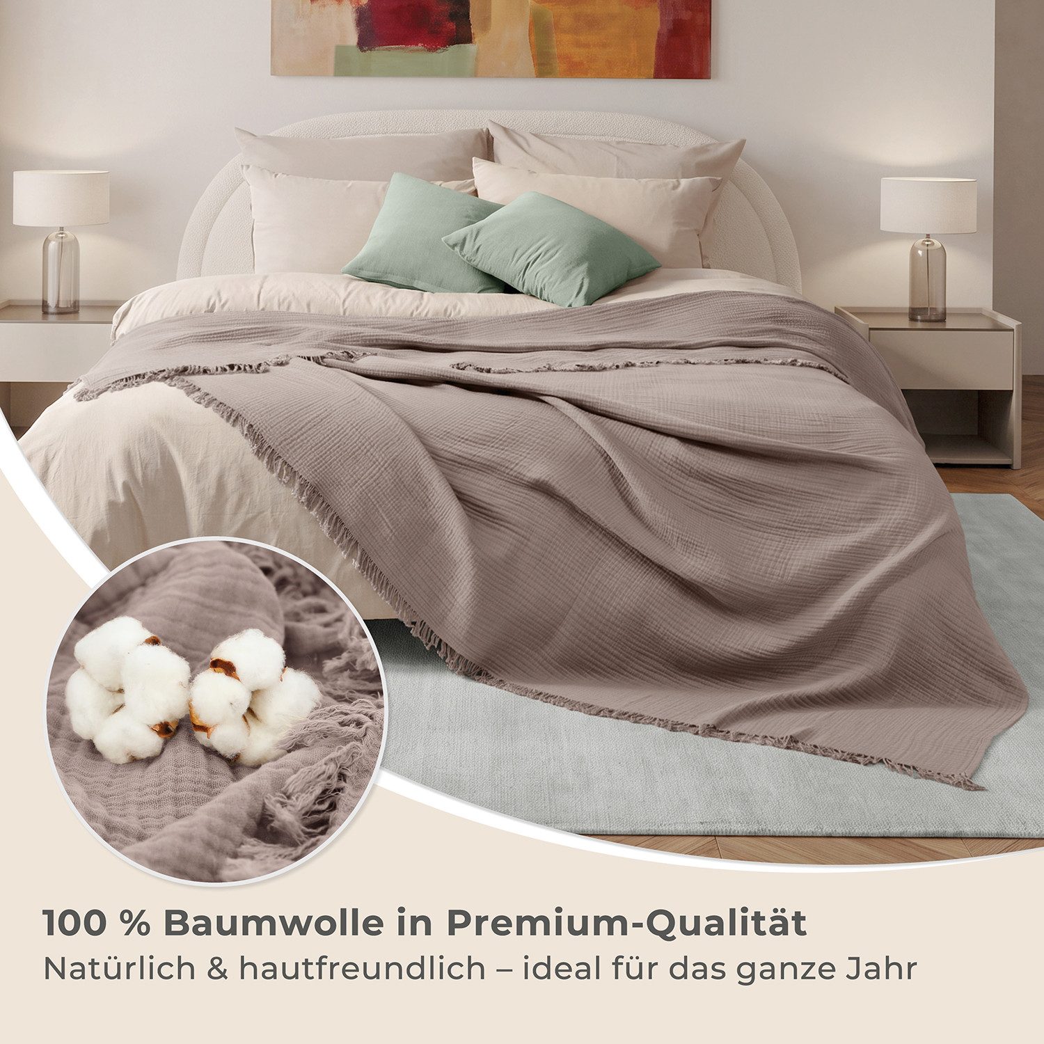 Laynenburg Tagesdecke Musselin mit Fransen aus 100% Baumwolle – Baumwolldecke, Wohndecke als Sommerdecke, Bett-Überwurf, Sofa-Decke, Kuscheldecke – Bild 5 von 5