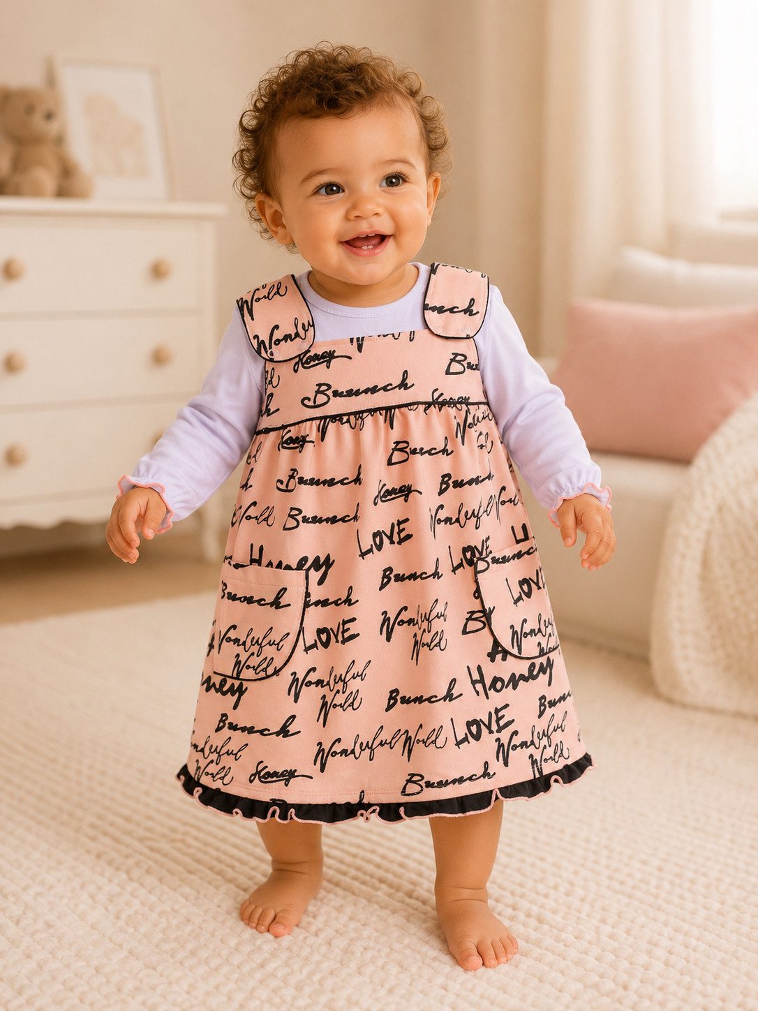 La Bortini Druckkleid Langarmshirt und Kleidchen Kleid Trägerrock Set gemustert, 74 80