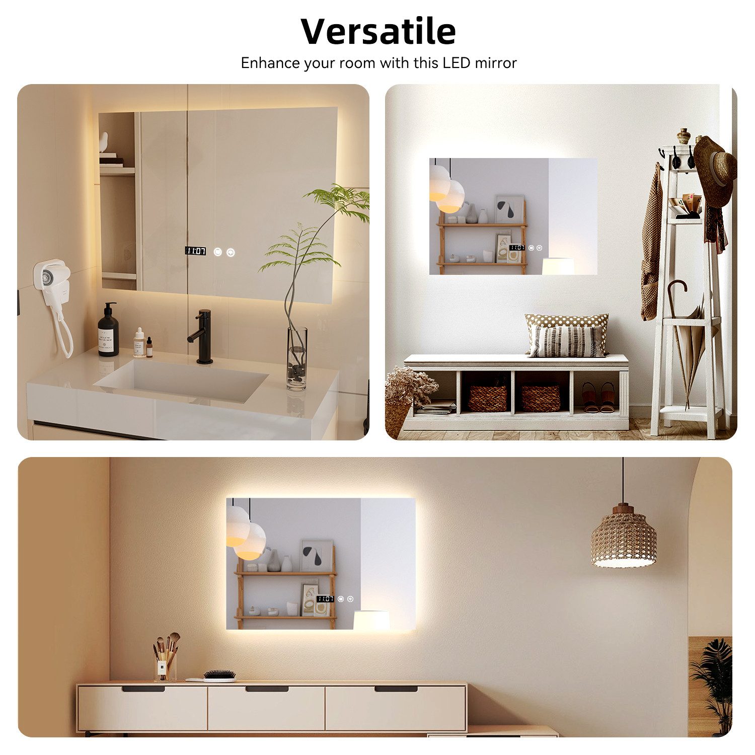 oyajia Badspiegel mit Beleuchtung LED Wandspiegel Antibeschlag Badspiegel Kosmetikspiege, 3 Lichtfarben Dimmbare mit Touch-Steuerung, IP44, Memory Funktion, Uhr