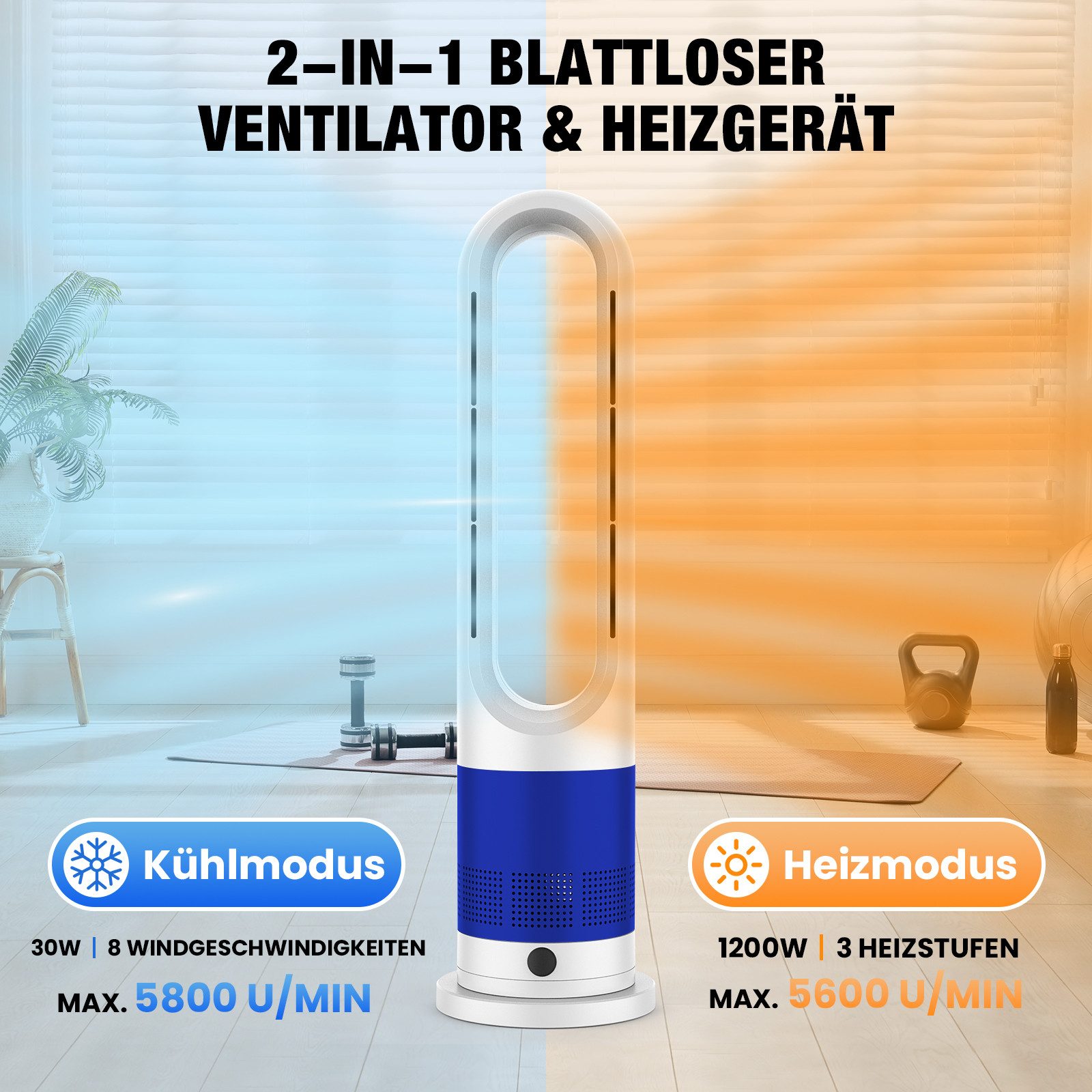 Rebonique Turmventilator Rotorlos Ventilator mit Kühlung/Heizen/Luftkühler sehr Leise, 8 Stufen, LED-Anzeige, Fernbedienung, 80° Oszillation, 9H Timer