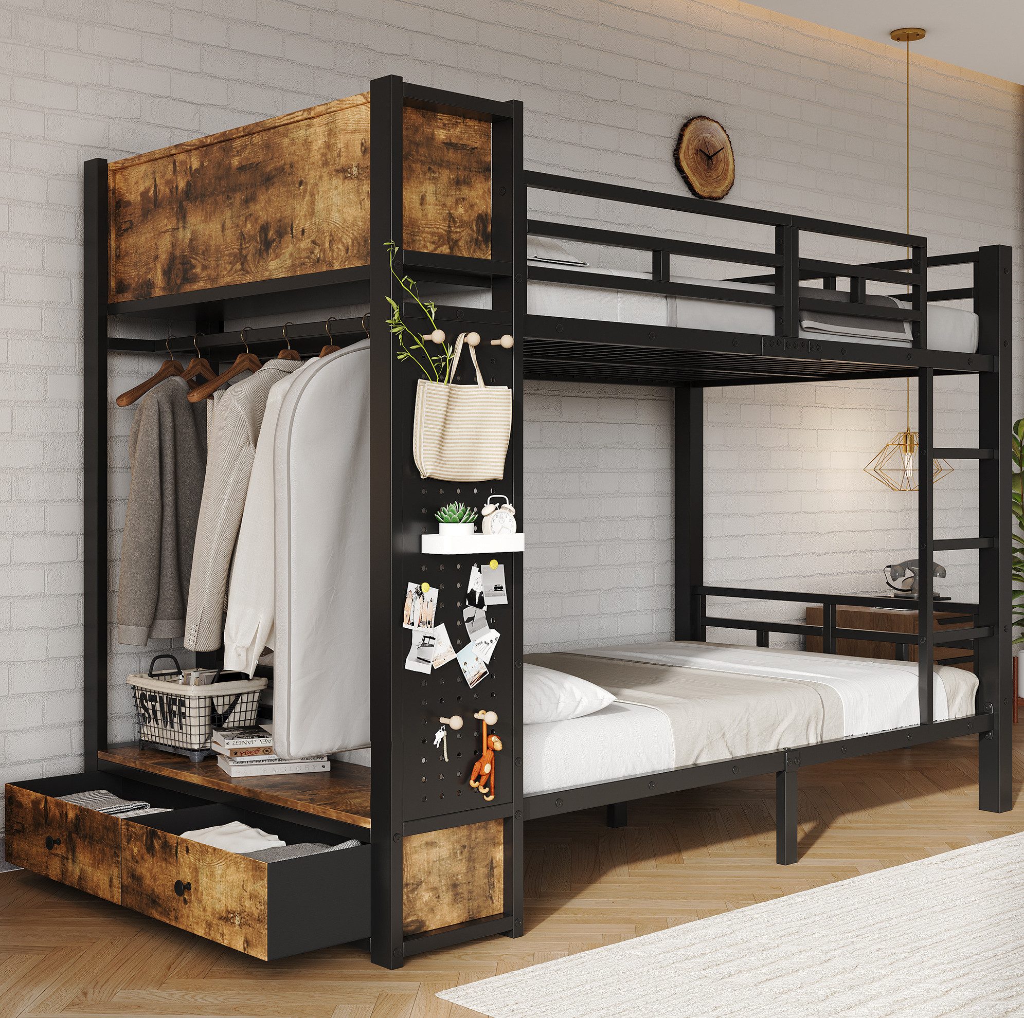 MODFU Etagenbett Kinderbett, offenen Fächern, Kleiderstange und Schublade (120x200 cm Metallbett mit stabilem Metallrahmen, Stauraumlösung, Jugendbett Funktionsbett), ohne Matratze