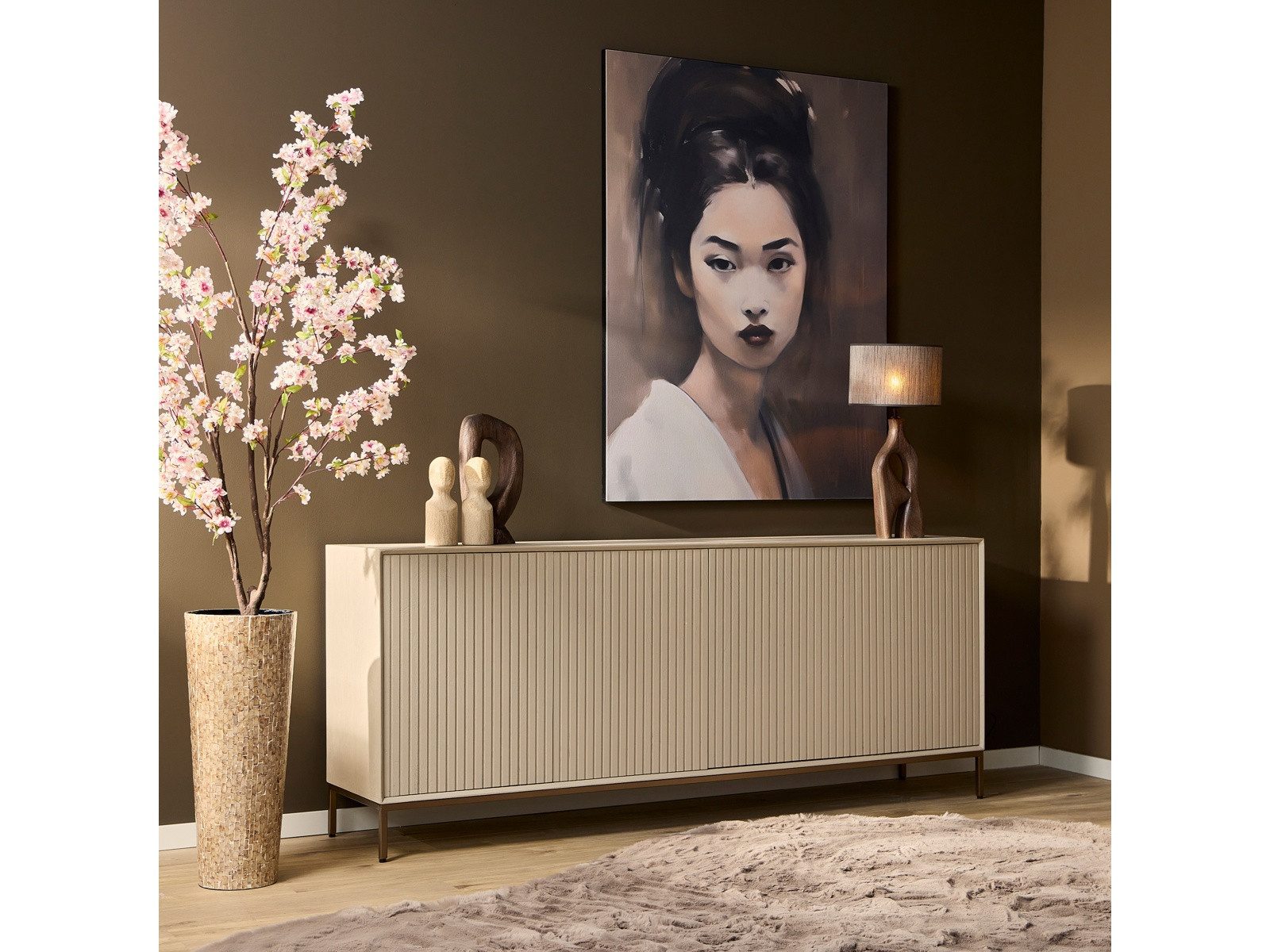 Villa Möbel Sideboard (Packung, 1 St., 1 St. Sideboard), Mangoholz Sand-Finish mit Lamellenfront und Bronze-Metallrahmen