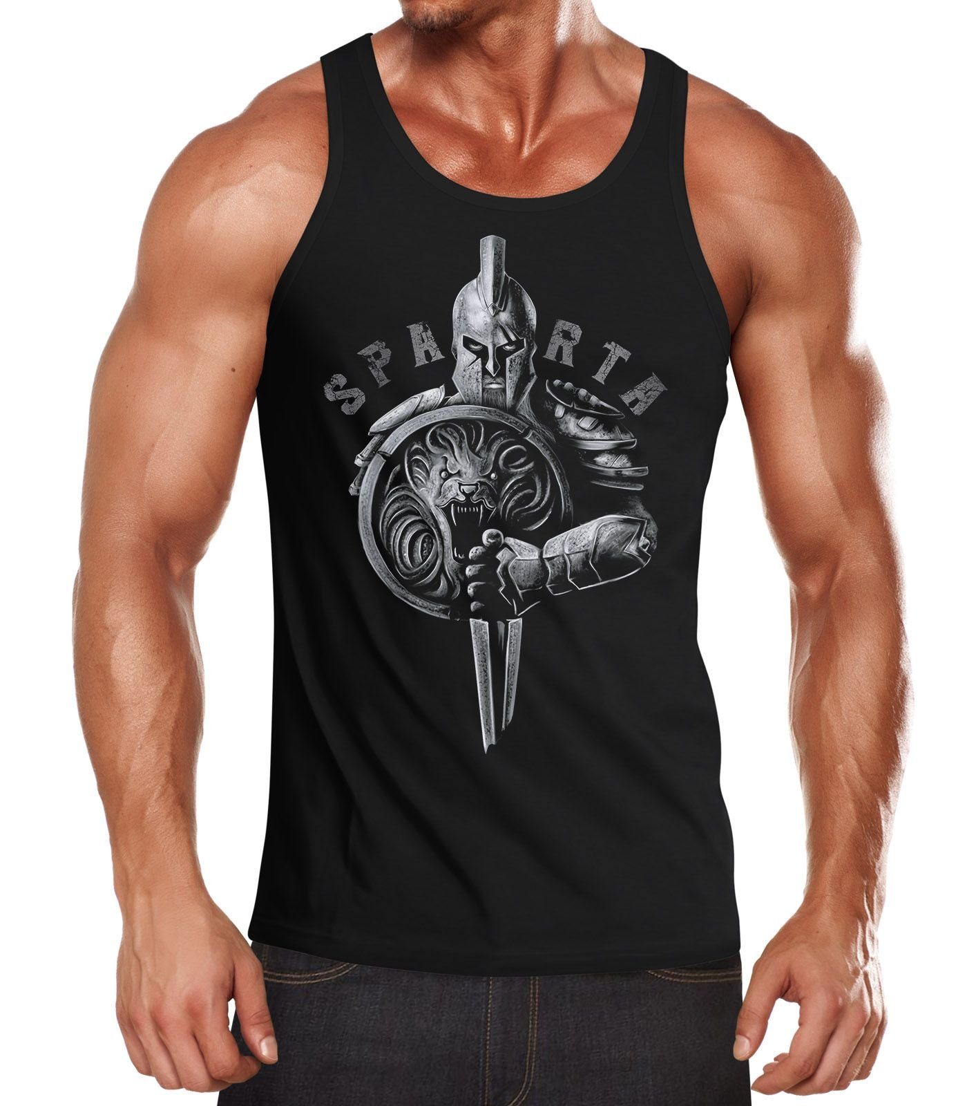 Neverless Tanktop Herren Tank-Top Aufdruck Sparta Spartaner-helm Krieger Warrior Schwert Schild Löwe Muskelshirt Muscle Shirt Neverless® mit Print