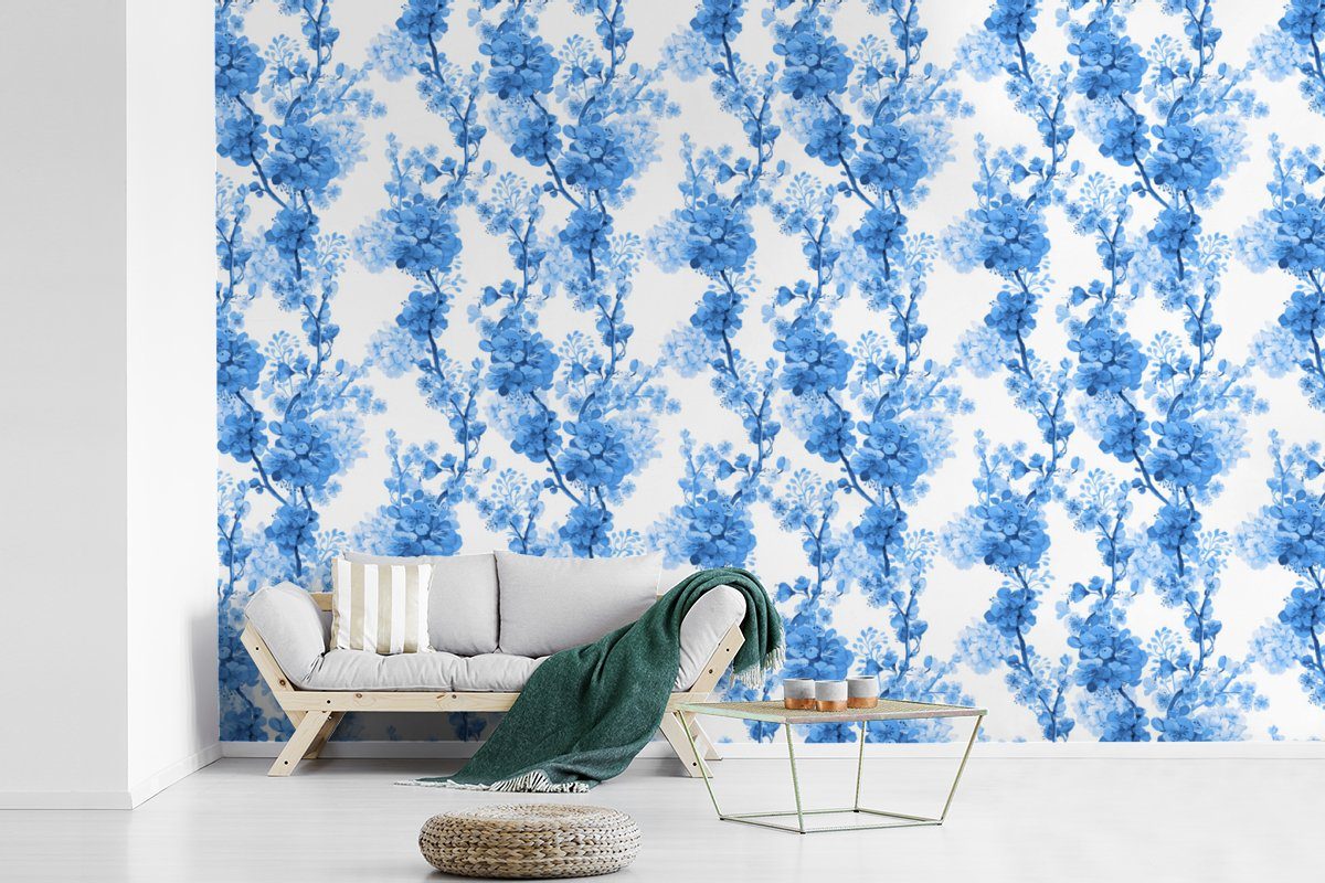 Blau Wallpaper Collage, Schlafzimmer, Wohnzimmer, (6 - Vinyl Kinderzimmer, Fototapete - Matt, MuchoWow St), für Blumen Blüte bedruckt, Tapete -