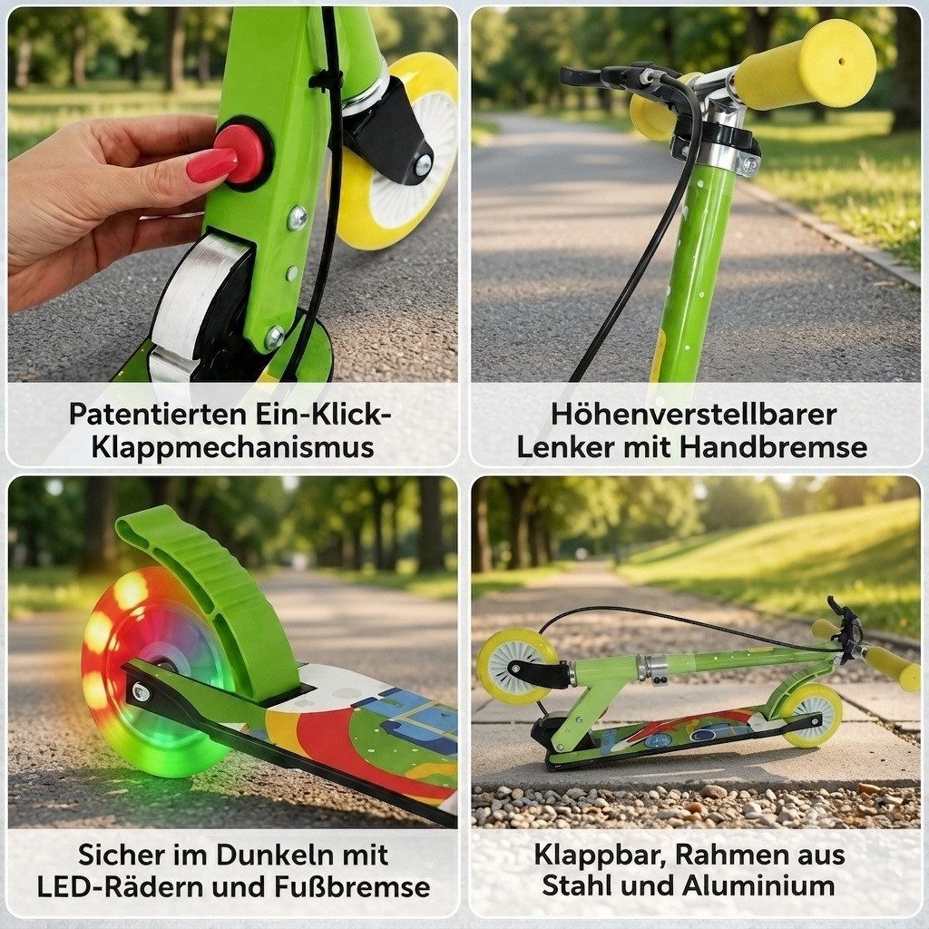 FASports Tretroller Velotouro mit LED-Rädern, 20 km/h, zusammenklappbar, grün-gelb-rot LED-Rollen, Hand- und Rücktrittbremse – Bild 3 von 5