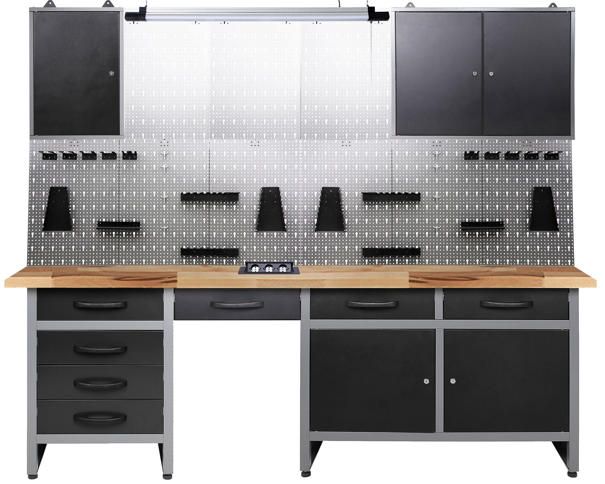 ONDIS24 Werkstatt-Set Werkstatt Werkstatteinrichtung 240cm Komplettset, ca. 240 x 60 x 205 (H) cm, mit LED und Bluetooth Lautsprechern