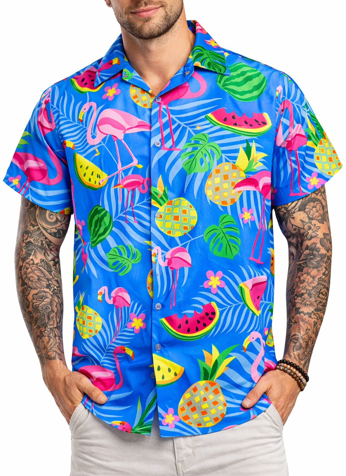 King Kameha Hawaiihemd "Flamingo Melone" Funky Hawaiihemd Herren Kurzarm Fronttasche Stylish