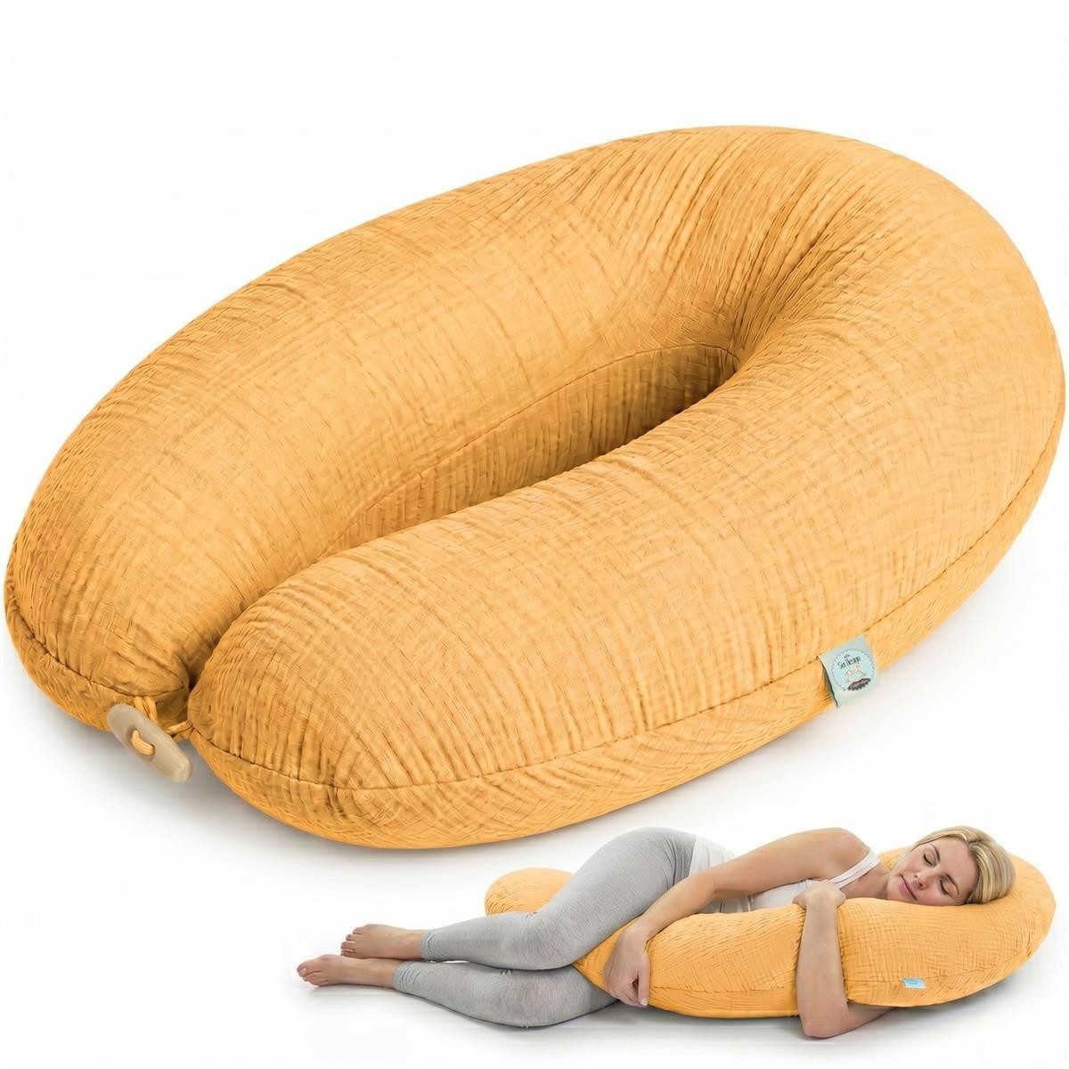 SEI Design Stillkissen Kapok-Füllung XXL 190x35 cm, Musselinbezug Bio-Baumwolle, ergonomisch, Schwangerschaftskissen mit Bezug, Seitenschläferkissen mit Kapok-Füllung, 100% Naturkissen, Musselin-Bezug aus Bio-Baumwolle