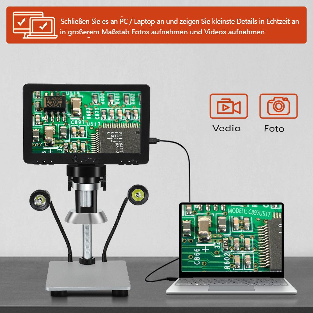 Insma Digitalmikroskop (7 Zoll 12MP 1200X 1080P HD mit Reflektorabdeckung, LED-Licht, Fokus) – Bild 4 von 5