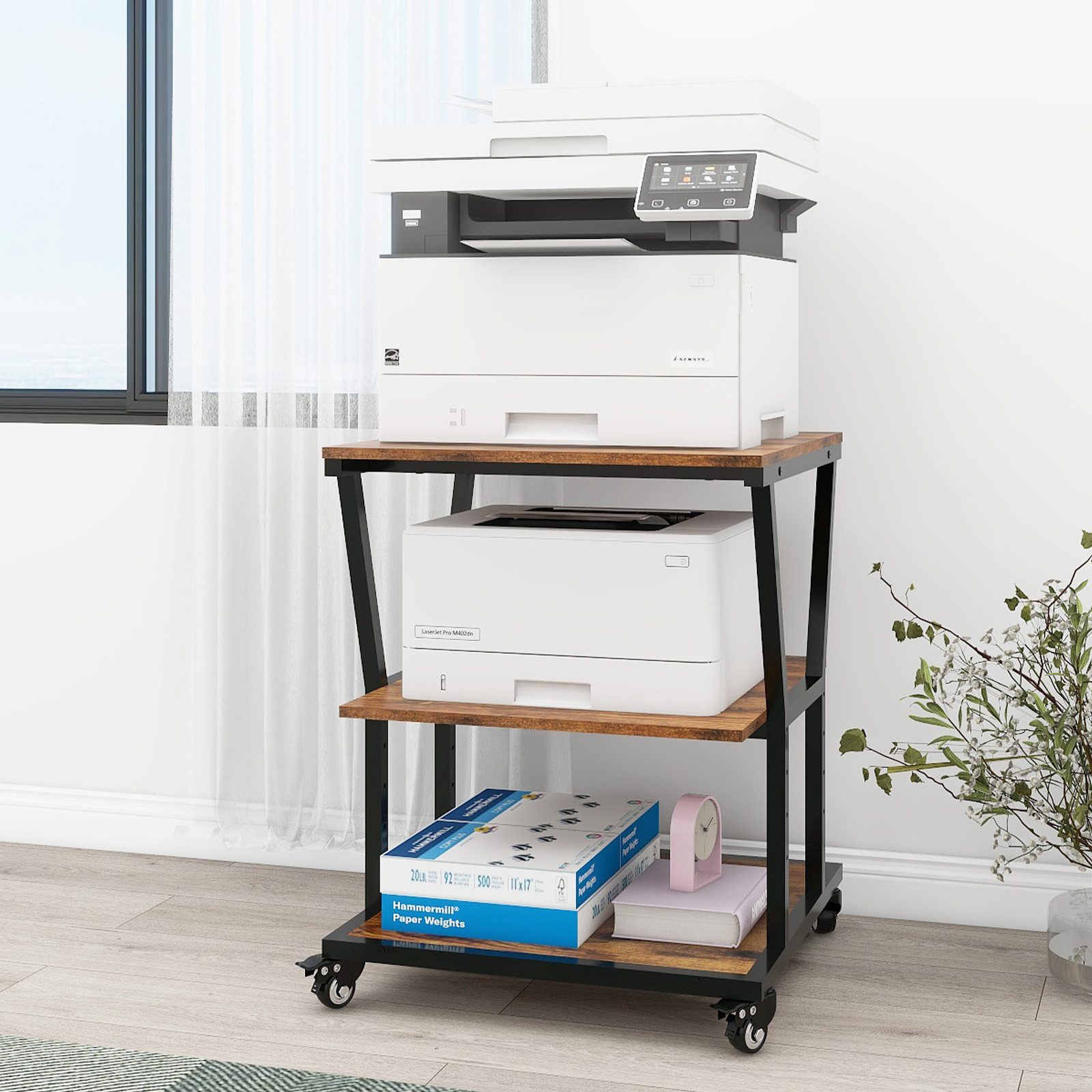 PUNCIA Druckertisch 3 Schichten 50x50cm Heim Büro mit Raddrucker Aufbewahrungshalter Tisch (1-St), 4-stufig höhenverstellbare Mittelebene, 140 kg Tragkraft – Bild 5 von 5