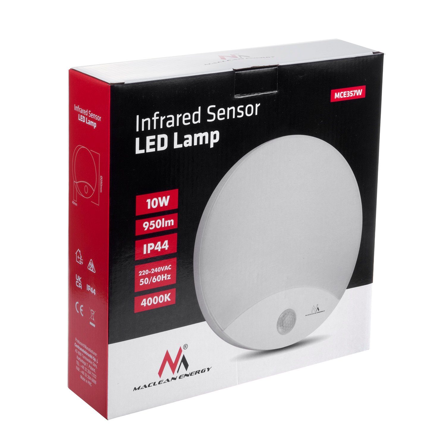 Maclean LED IP44 MCE357, Lampe Neutralweiß, LED Infrarot Bewegungsmelder 10W Wandleuchte