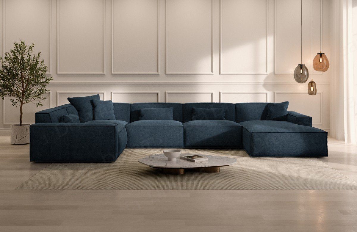 Sofa Dreams Wohnlandschaft Sofa Strukturstoff Polstersofa Formenta U Form Stoffsofa Luxus, Designer Polstercouch mit mane, Loungesofa blau77