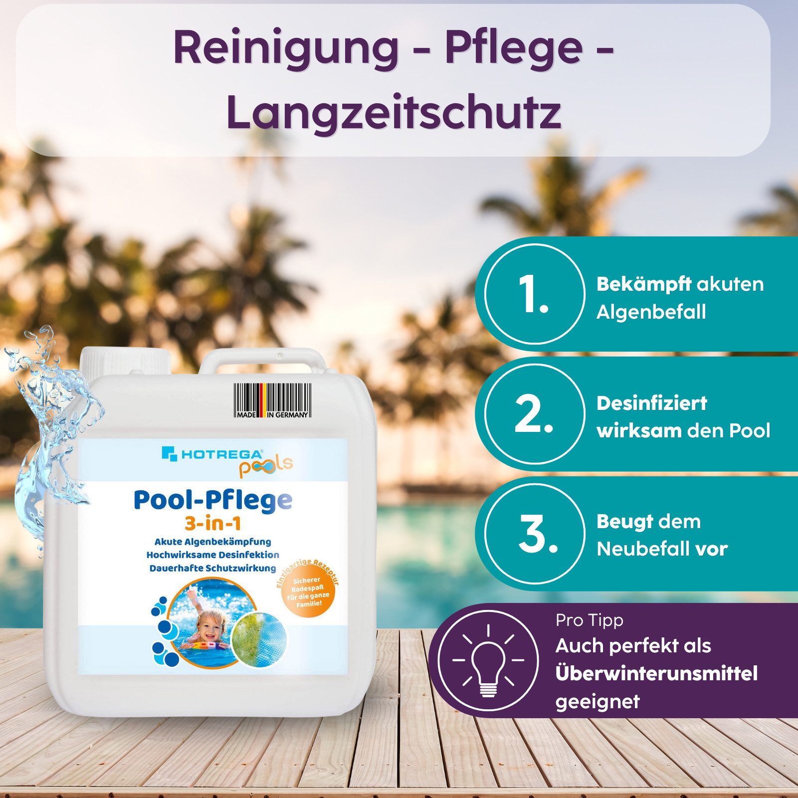 HOTREGA® Poolpflege Pool-Pflege 3in1 Konzentrat 2 L, Desinfektion, Algenentferner, (Kein Set) – Bild 2 von 5