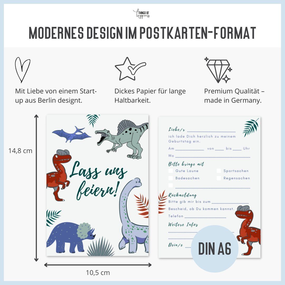 Things of Happiness Einladungskarten 10 Kindergeburtstag Einladungen inkl. Umschläge Tiere Feuerwehr, Dinosaurier Safari Reh Dschungel – Bild 5 von 5
