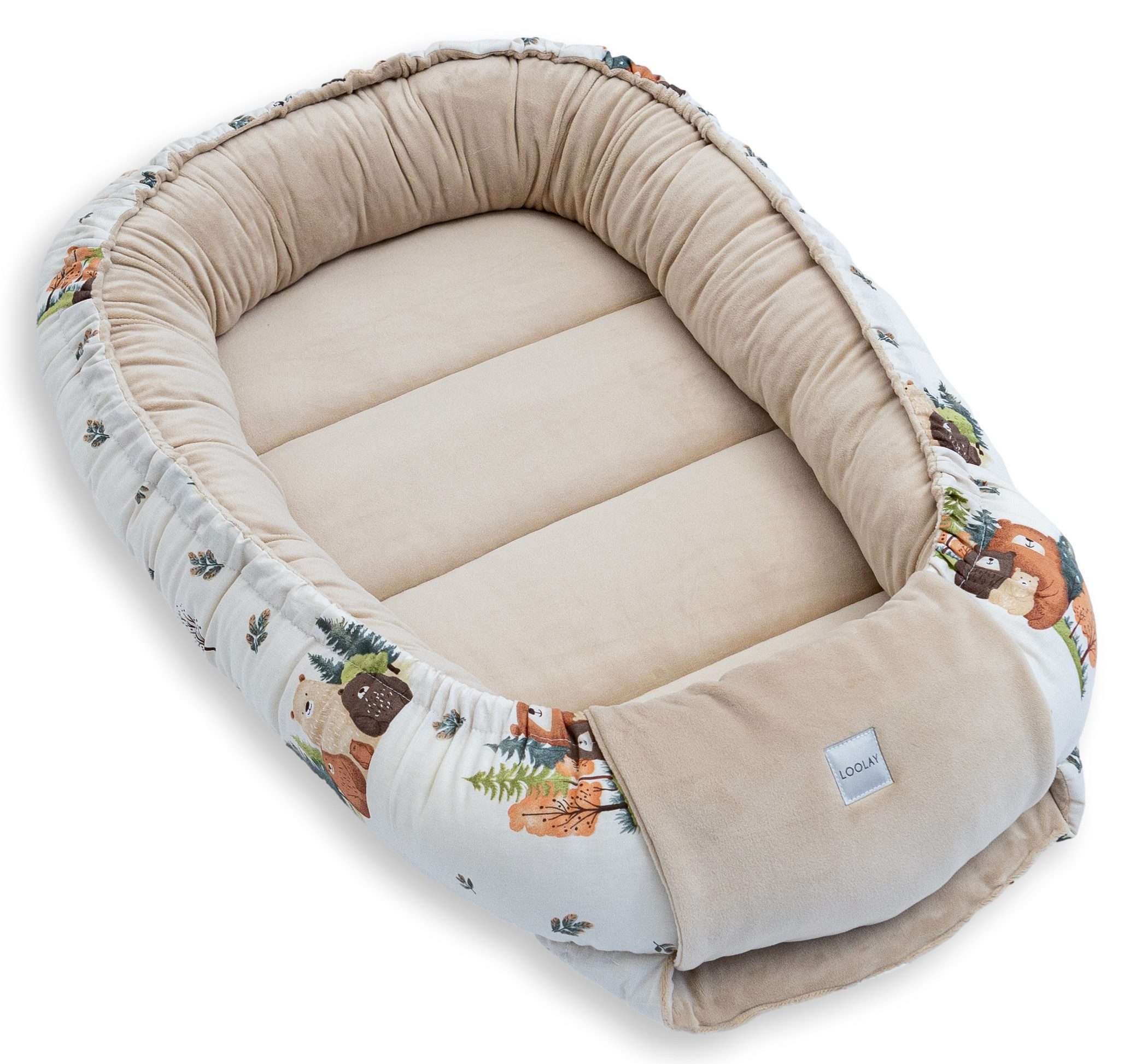 Loolay Kuschelnest BABYNEST SOLO Premium Babyausstattung - Baumwolle & Samt Velours, (MUSTER: BEIGE Samt Velour/ Beige Bärchen Familie, 1-tlg., Liebevoll handgefertigt Nestchen! Geborgenheit Komfort für Neugeborene), Premium Ausstattung - 100% Europäische Stoffe und Kleinserien-Nähen!
