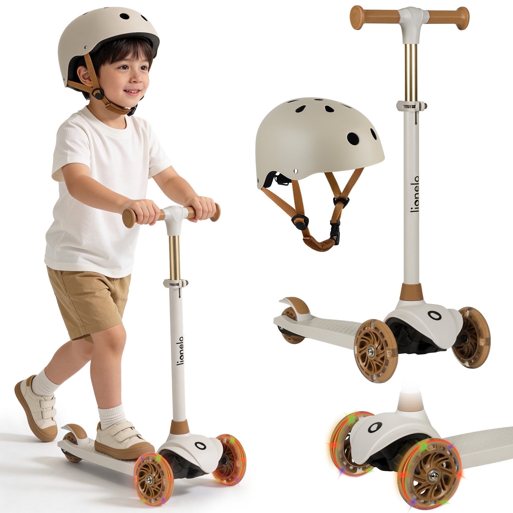 lionelo Dreiradscooter JESSY + HELMET SET, (Set, Set mit Helmet), 3 Räder/LED-Räder/Lenker 65–80cm/Helmet 50–56cm