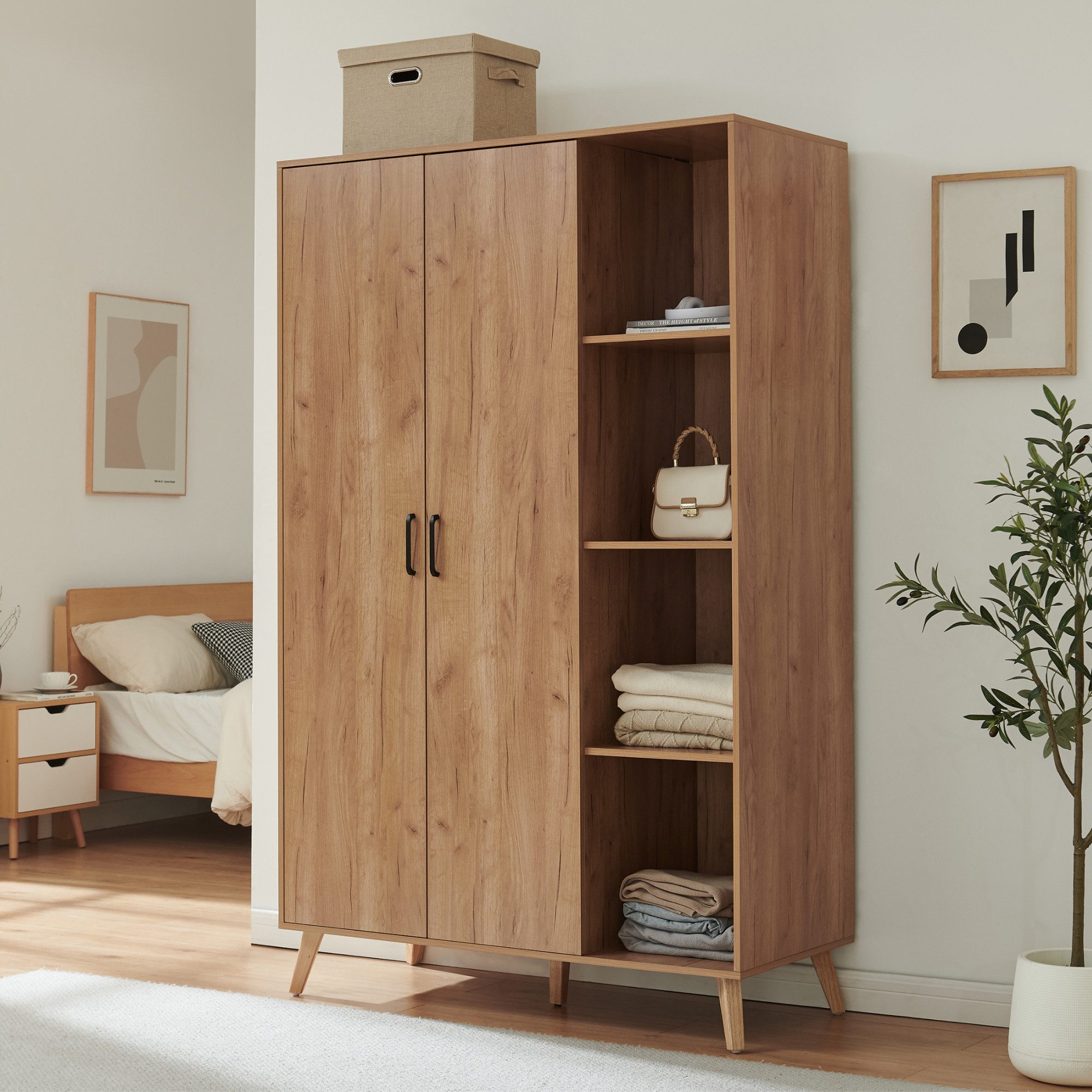 en.casa Kleiderschrank »Norg« 191 x 120 x 52 cm 2 Türen 1 Stange 8 Fächer Eicheoptik