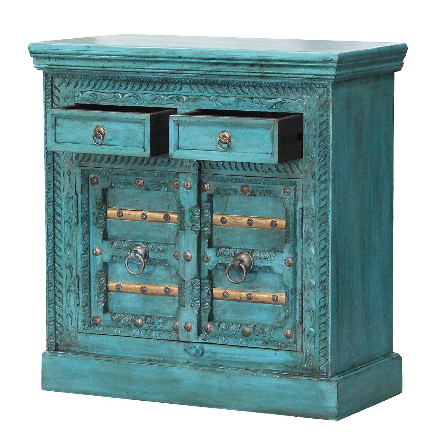 Casa Moro Kommode Orientalische Kommode Elisam Türkis 90x40x90 cm (B/T/H) (Nachttisch für einfach schöner Wohnen, CA541150, schmales Echtholz Sideboard aus Mango Holz), Kunsthandwerk