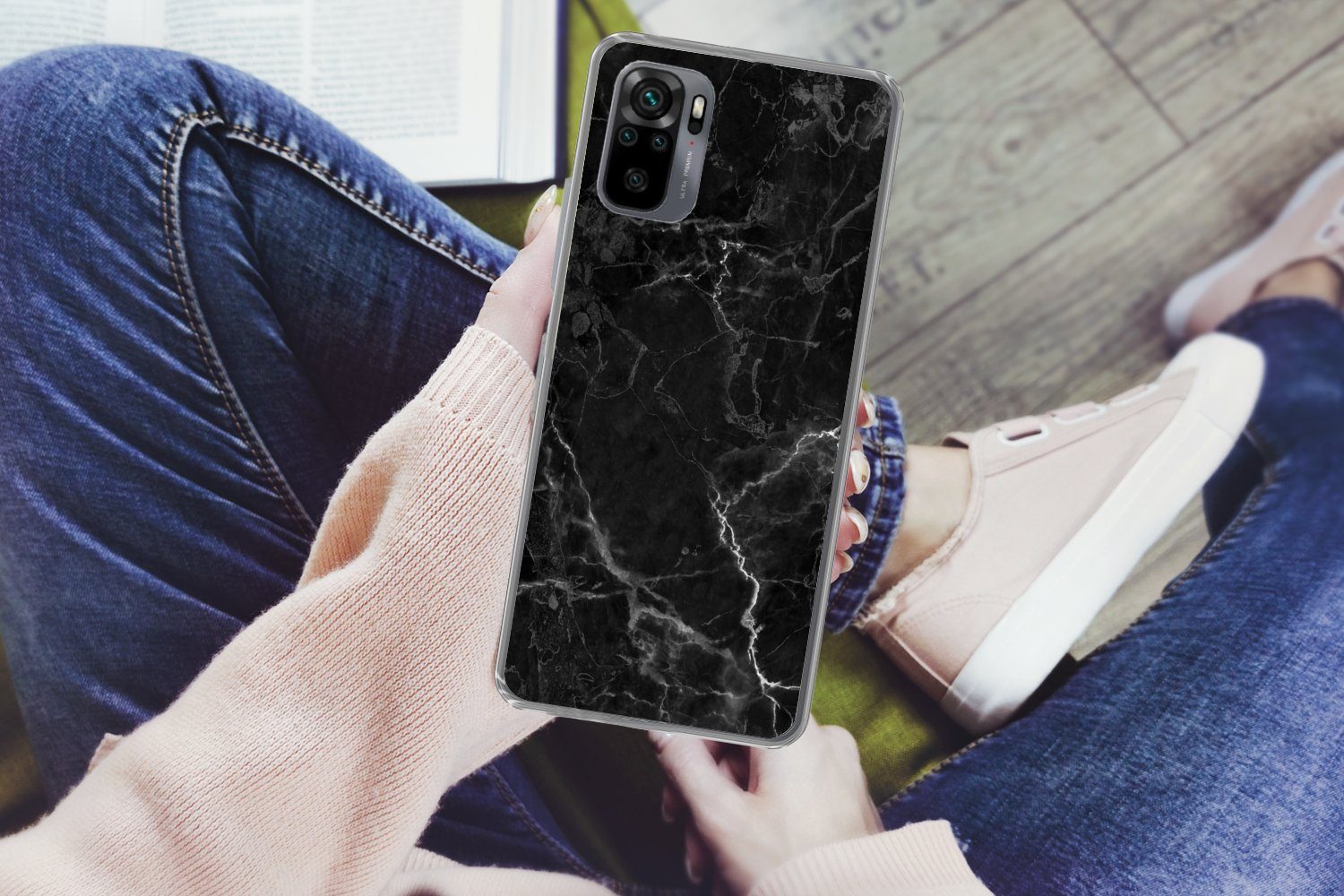 MuchoWow Handyhülle für Xiaomi Redmi Note 10S Marmor - Schwarz - Weiß - Textur - Marmoropt, Phone Case, Silikon, Schutzhülle Dünn