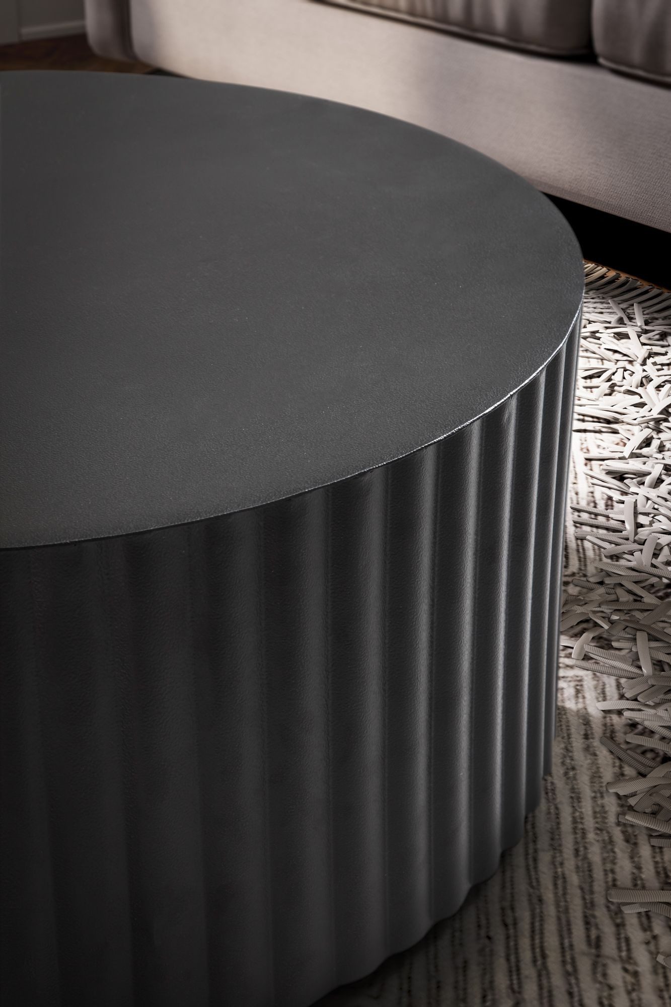 FineBuy Design Couchtisch rund 70 cm Metall Schwarz - Handgefertigter Aluminium Wohnzimmertisch mit Lamellenstruktur - Moderner Sofatisch Wohnzimmer – Bild 5 von 5