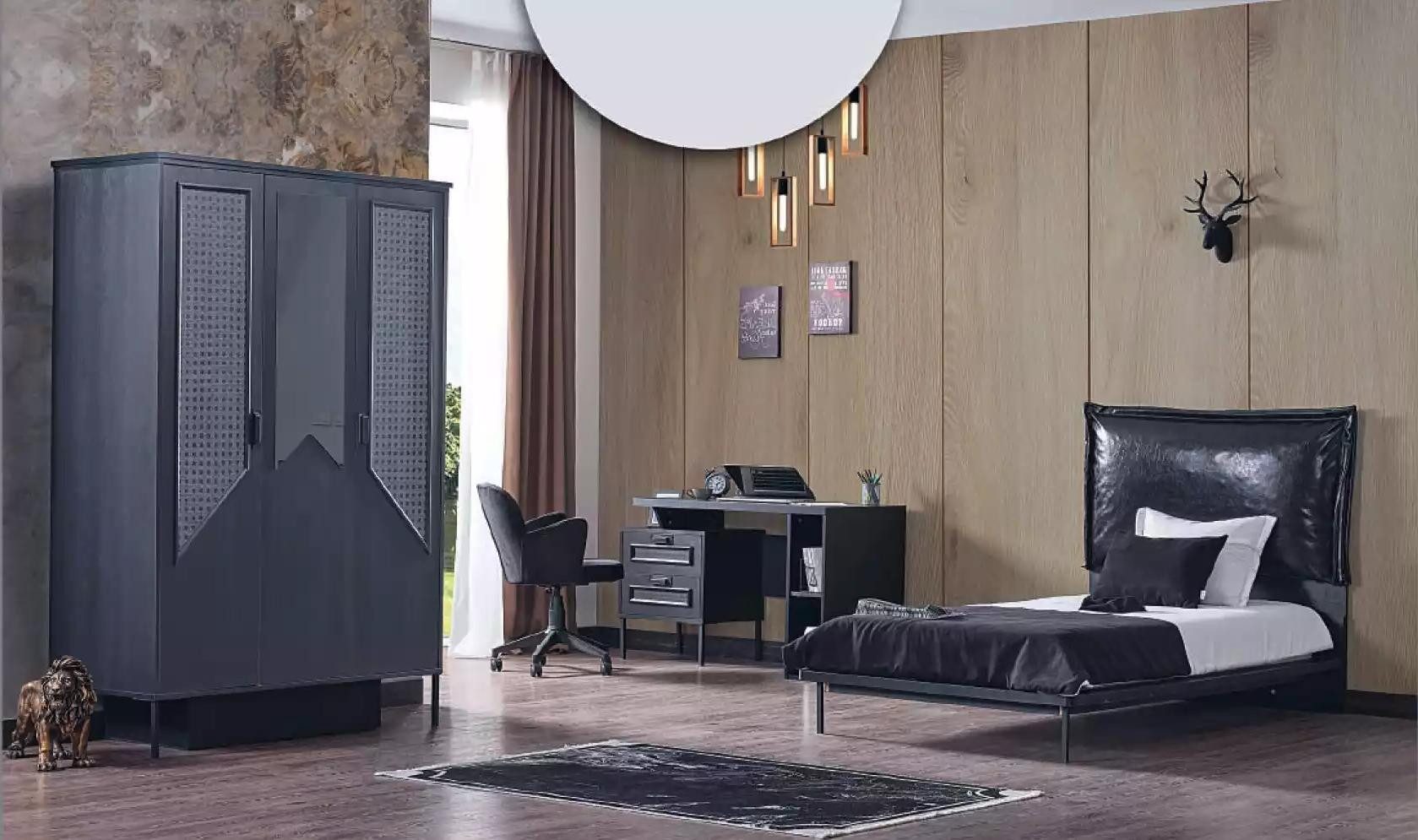 Xlmoebel Schlafzimmer-Set Schwarzes Schlafzimmermöbelset für Kinder mit viel Stauraum, (3-tlg., 3tlg. Schlafzimmer Set(Kinderbett+Schreibtisch+Kleiderschrank), Hergestellt in Europa