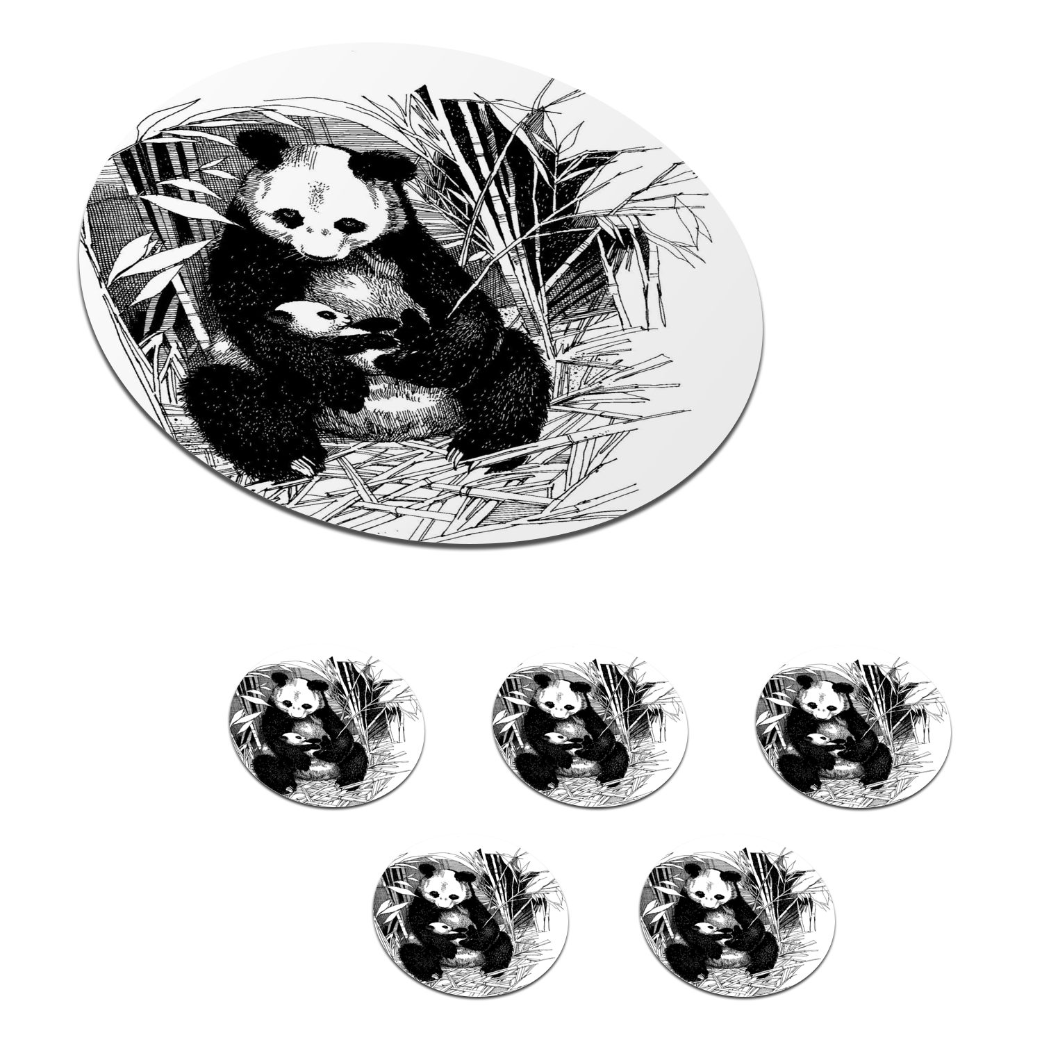 MuchoWow Glasuntersetzer Panda - Bambus - Schwarz, Zubehör für Gläser, 6-tlg., Getränkeuntersetzer, Tassenuntersetzer, Korkuntersetzer, Tasse, Becher