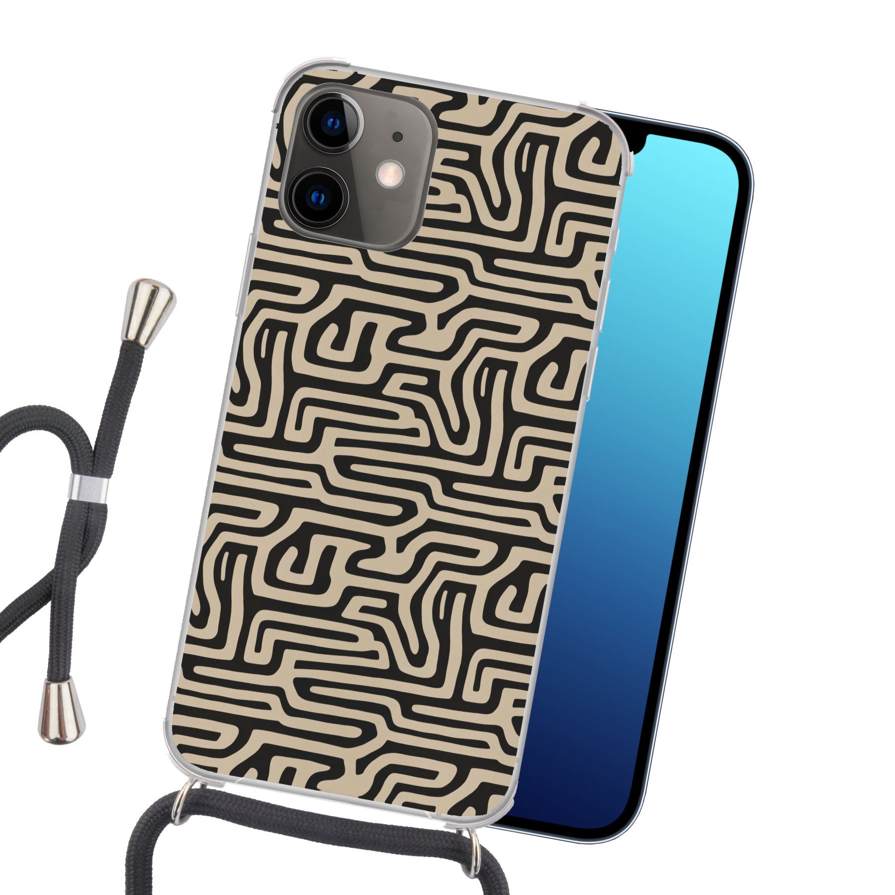 MuchoWow Handyhülle für Apple iPhone 12 Grafik - Linien - Schwarz, Tragbare Handyhüllen mit Kette zum umhängen, Handykette Handyband
