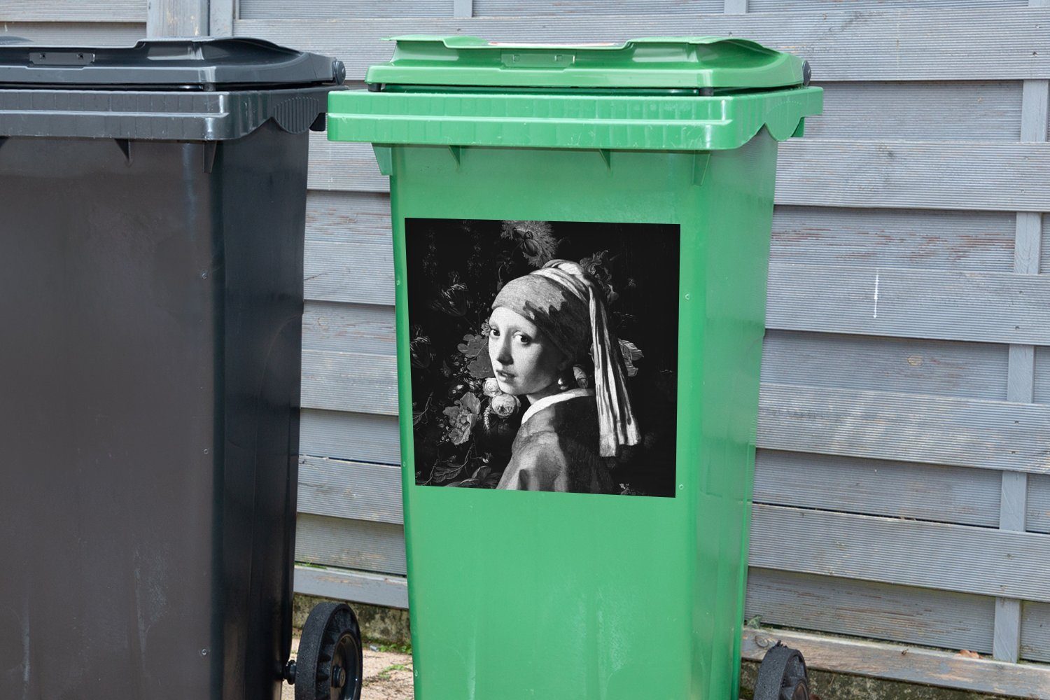MuchoWow Wandsticker Das Mädchen mit Perlenohrring Sticker, Container, - Abfalbehälter dem Mülltonne, (1 Schwarz Johannes Mülleimer-aufkleber, Vermeer St), und 