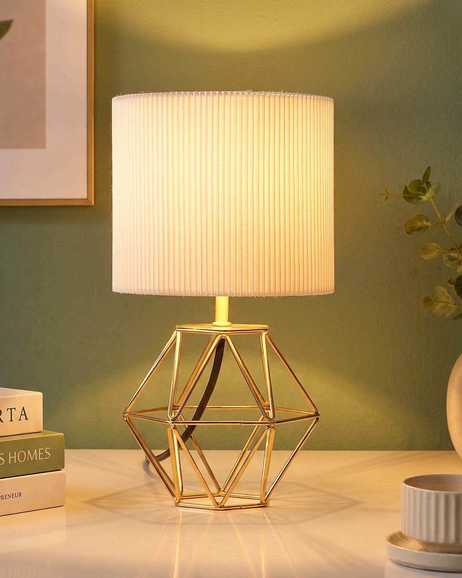EDISHINE Nachttischlampe Moderne Tischlampe Industrial, LED wechselbar, 2700 K Warmweiß, Vintage Tischleuchte mit goldenem Fuß und E14 Leuchtmittel – Bild 2 von 5