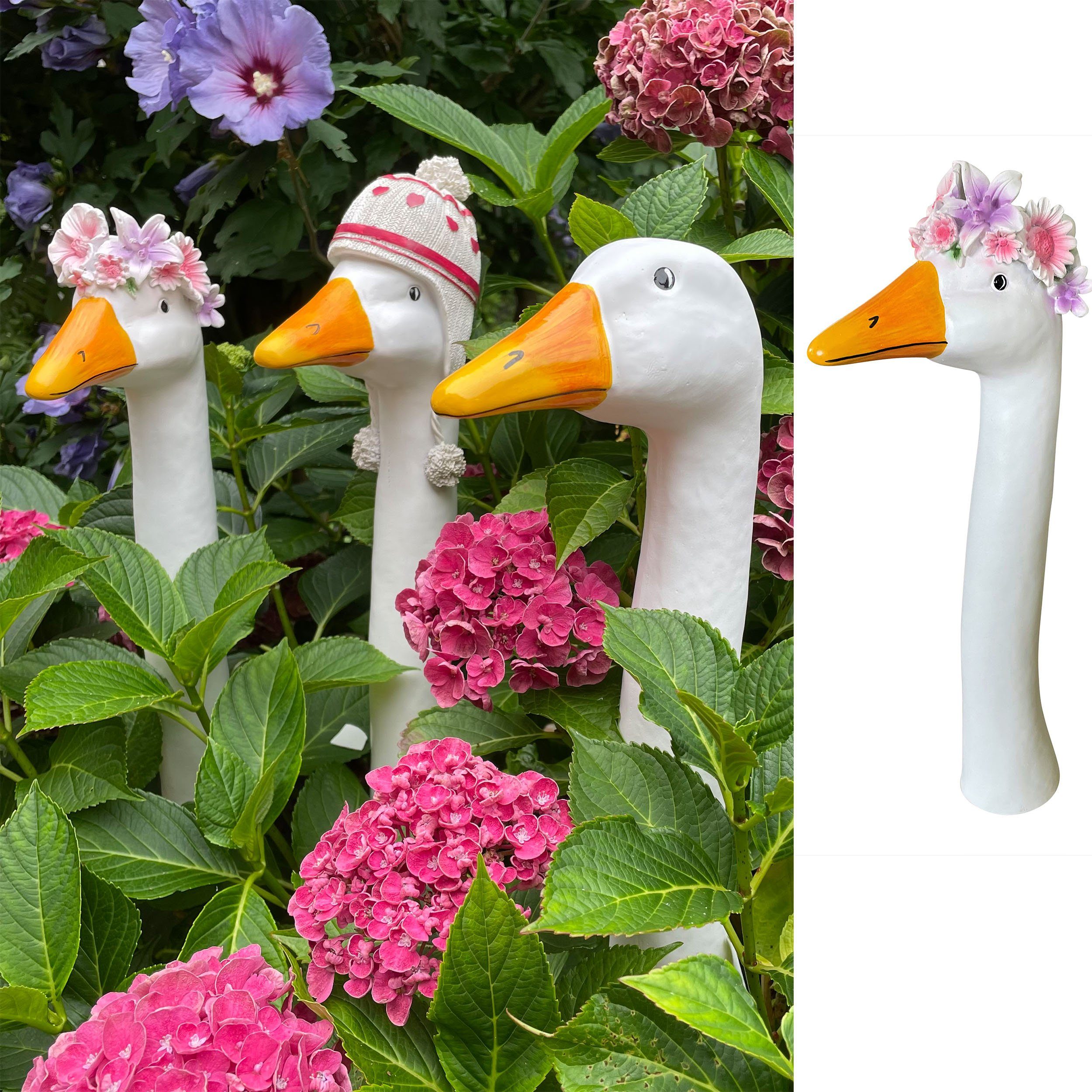 Online-Fuchs Gartenfigur als Gartenstecker Gänsehals, Gans mit BLUMENKRANZ Tiere Deko groß, Maße ca. 36 cm hoch, 15 cm lang und 8 cm breit, Ganter