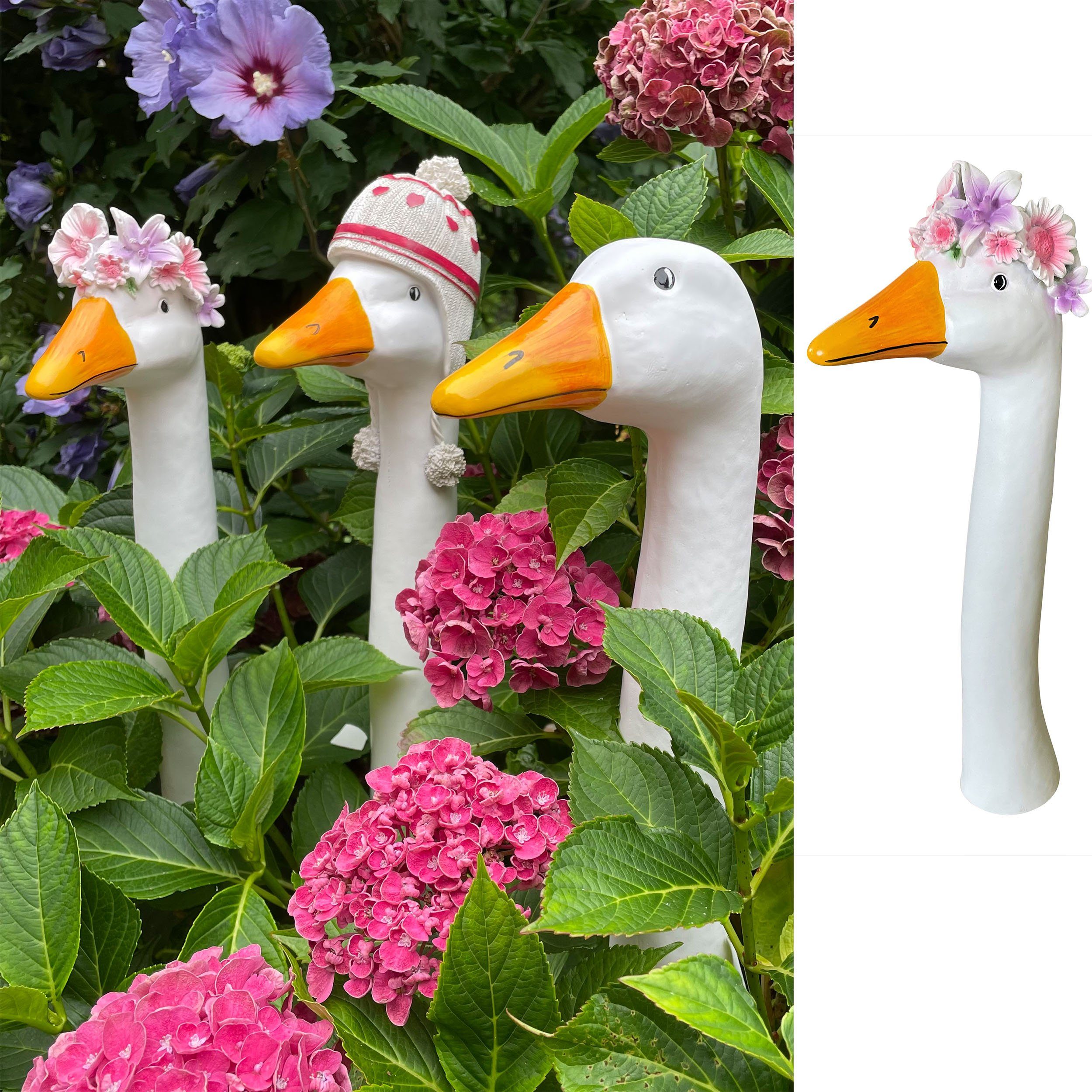 Online-Fuchs Gartenfigur als Gartenstecker Gänsehals, Gans mit BLUMENKRANZ günstig online kaufen