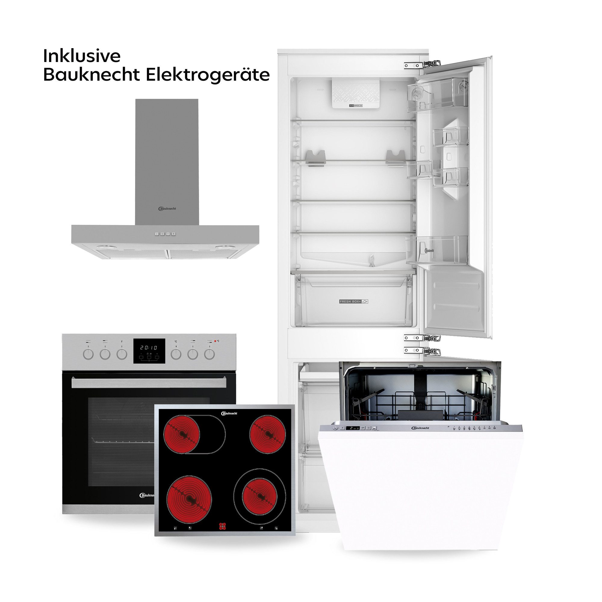 ROCTOR Küche RT7001 Kristallweiß / Arbeitsplatte Sommereiche hell - 300 cm breit, Vormontiert, inklusive Bauknecht E-Geräten, Korpus Made in Germany