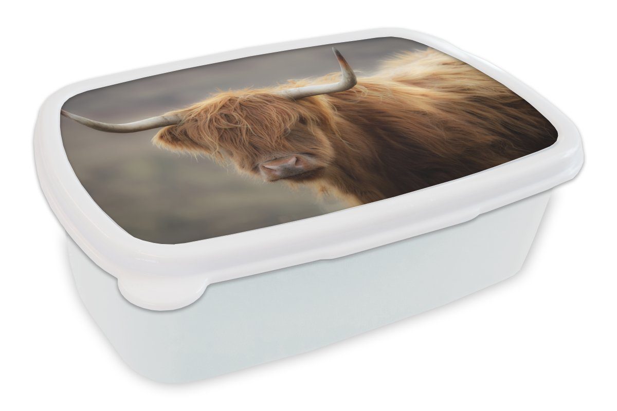 MuchoWow Lunchbox Schottischer Highlander - Hörner - Haare, Kunststoff, (2-tlg), Brotbox für Kinder und Erwachsene, Brotdose, für Jungs und Mädchen weiß