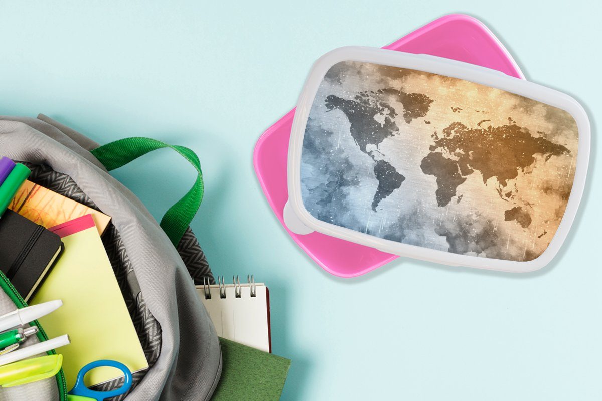 Brotdose MuchoWow Weltkarte - Farben, Brotbox Kinder, Abstrakt (2-tlg), Lunchbox Kunststoff, rosa - für Snackbox, Mädchen, Kunststoff Erwachsene,
