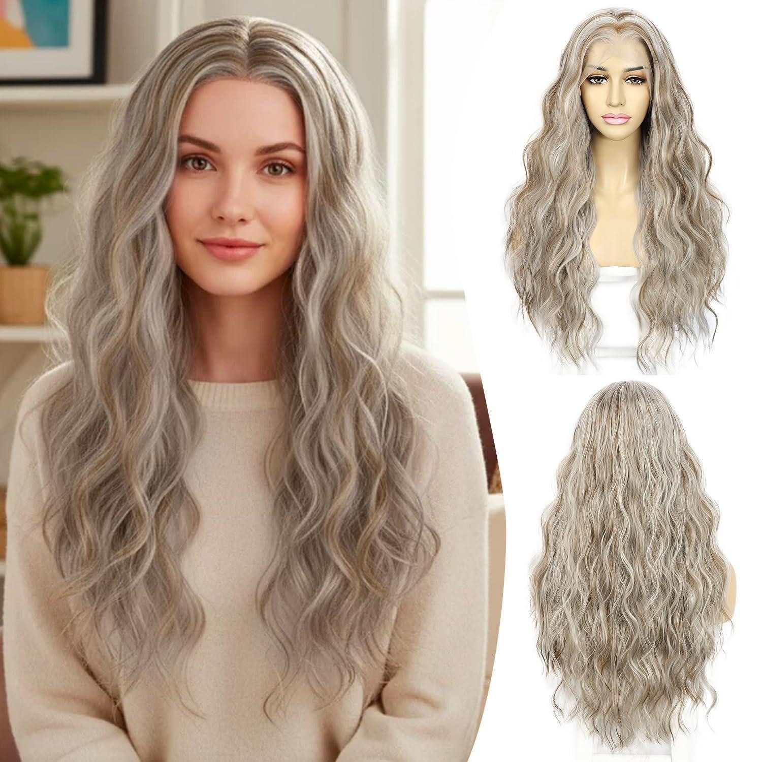 LuxusKollektion Kunsthaarperücke Perücke Lace Front Wellig Lang 24inch Braunlich Grau Highlights