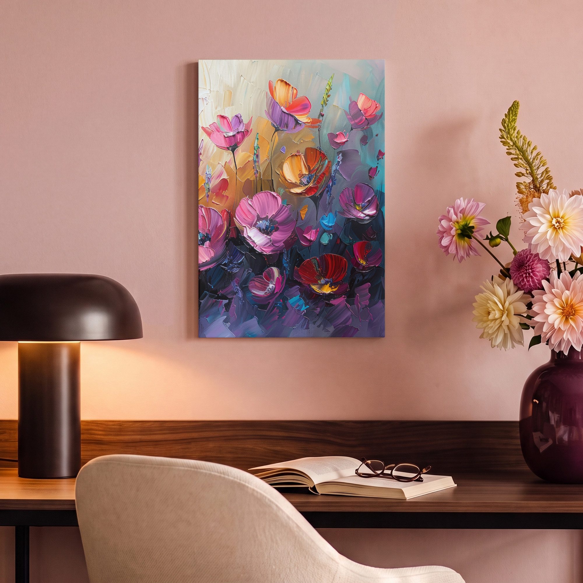 OneMillionCanvasses® Leinwandbild Blumen - Lila - Farbenfroh - Handbemalt - Kunst, Fotodruck (1 St), Wandbild, Deko Schlafzimmer Wohnzimmer Flur 20x20 cm – Bild 4 von 5